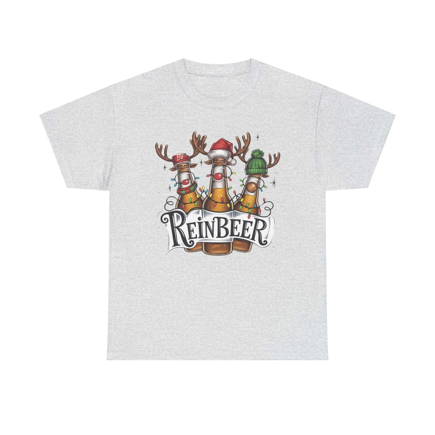 Festive Reinbeer t-shirt featuring beer bottles as reindeer with hats, perfect for Christmas celebrations and holiday cheer.