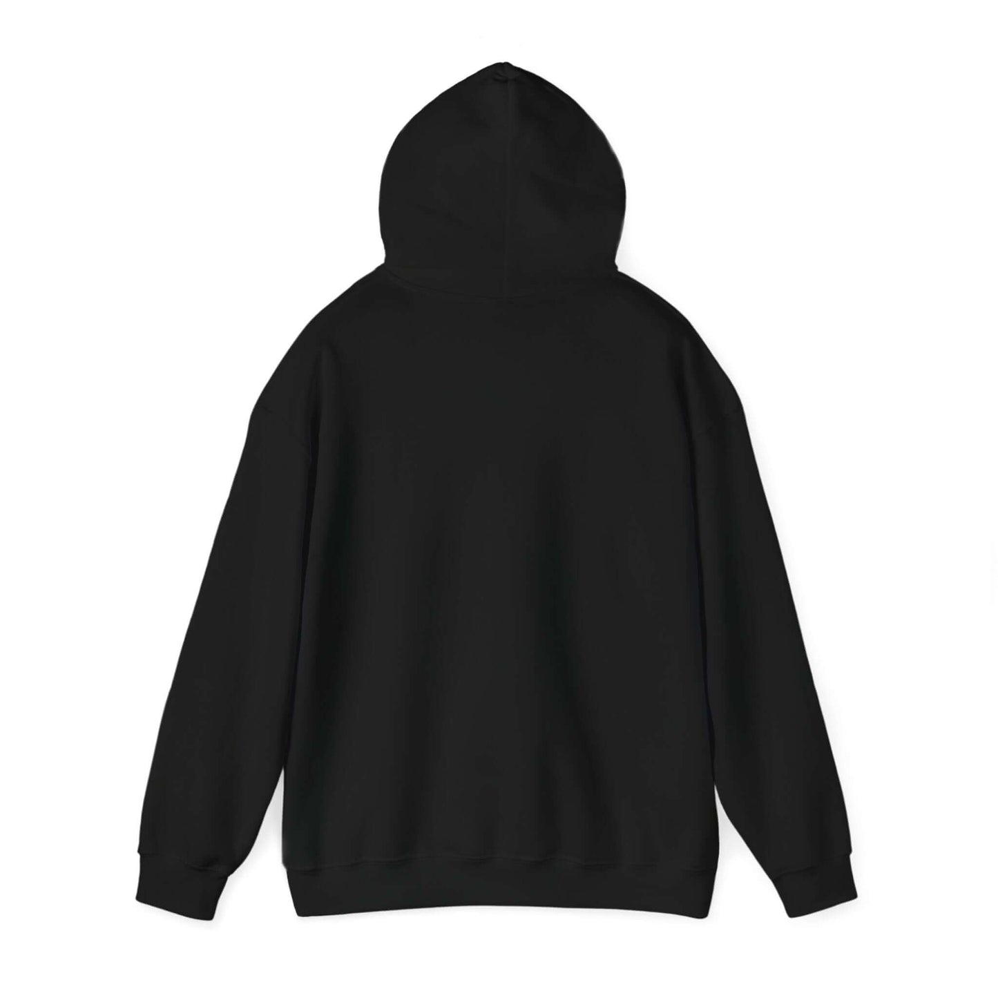 Black hooded sweatshirt back view showcasing cozy fabric and relaxed fit.