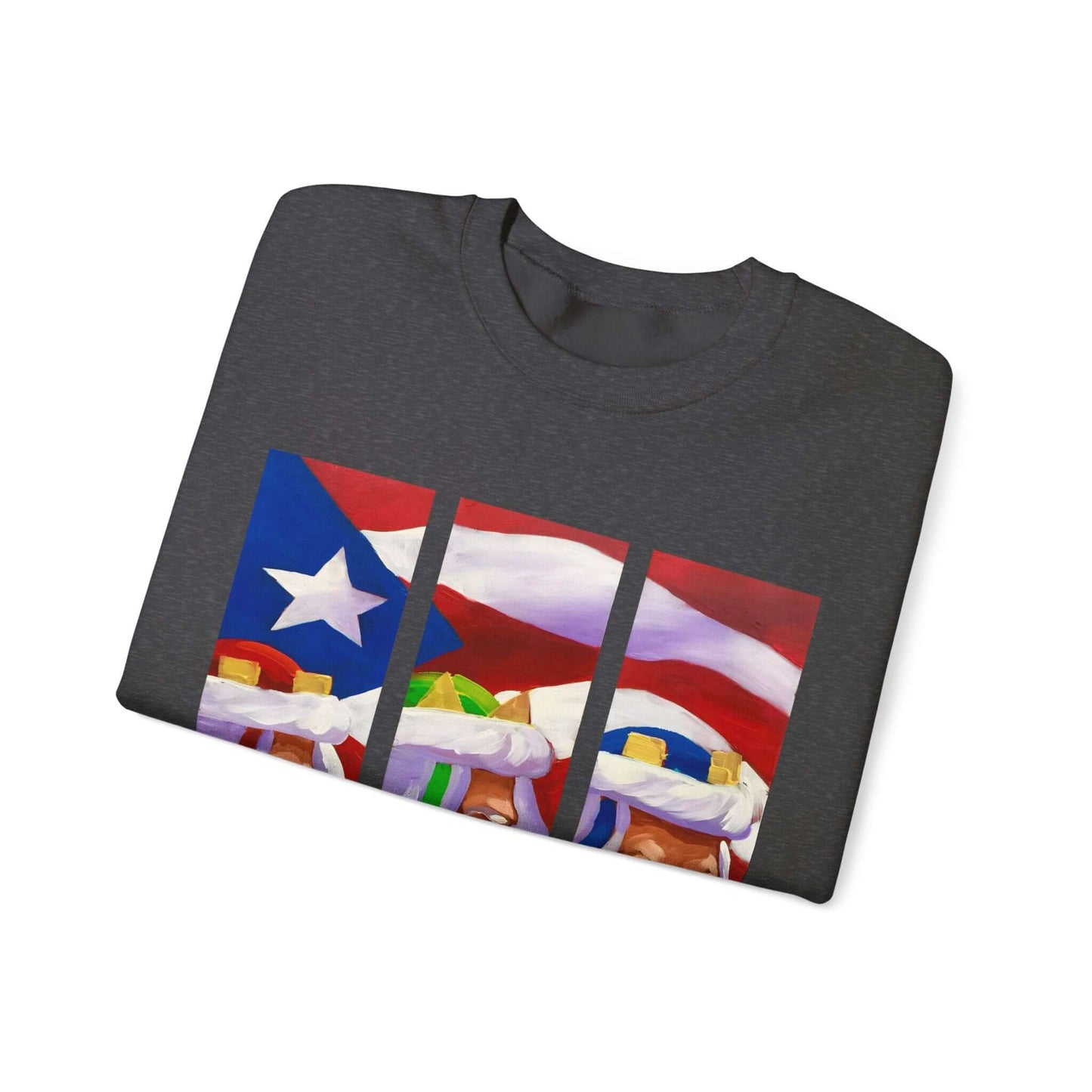 Festive Three Kings holiday sweater in cream with Puerto Rican flag sky design, featuring artistic print and cultural tradition.