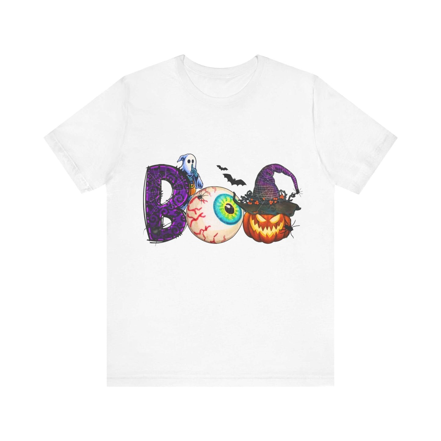 Halloween 'Boo' Women's T-shirt, Spooky Eyeball and Pumpkin Design, Cartoon Scary Tee for Unique Halloween Outfits and Fun Trick-or-Treating