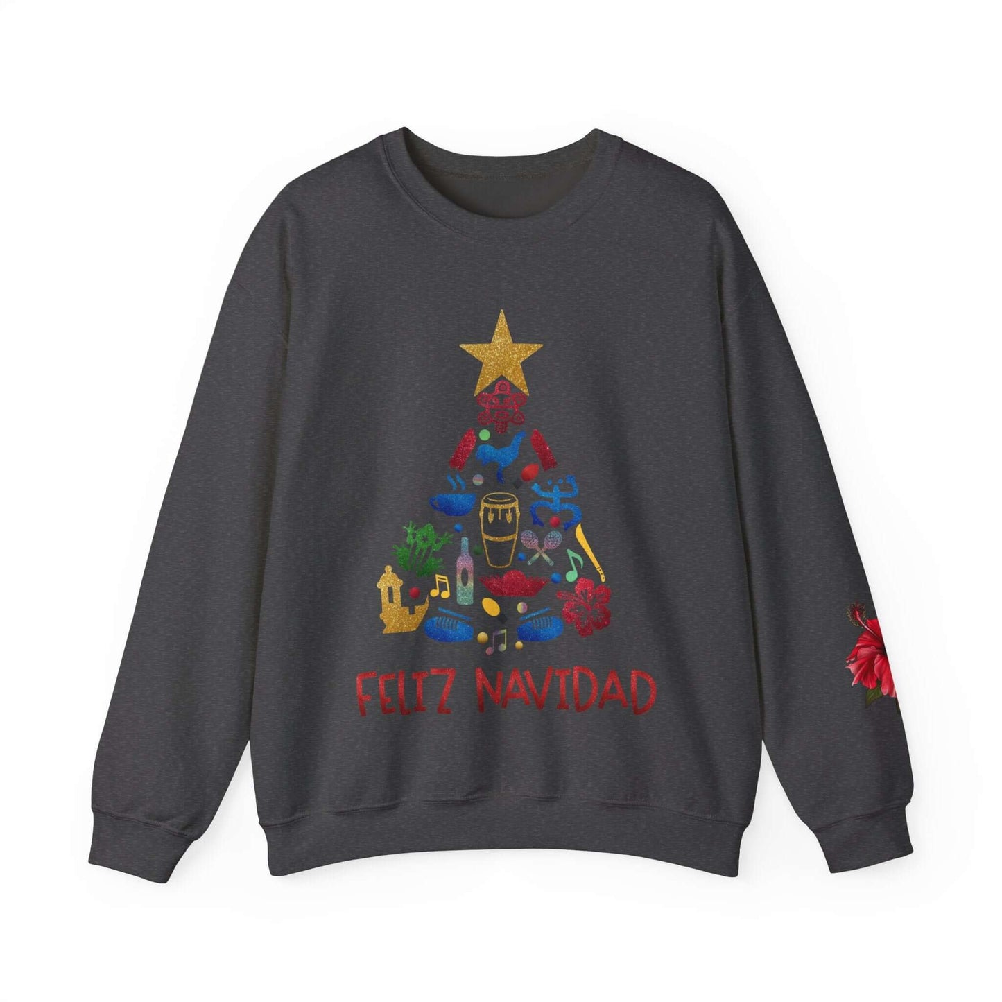 Feliz Navidad Puerto Rico Festive Print on left Long Sleeve Christmas T-Shirt with Unique Colorful Tree Design