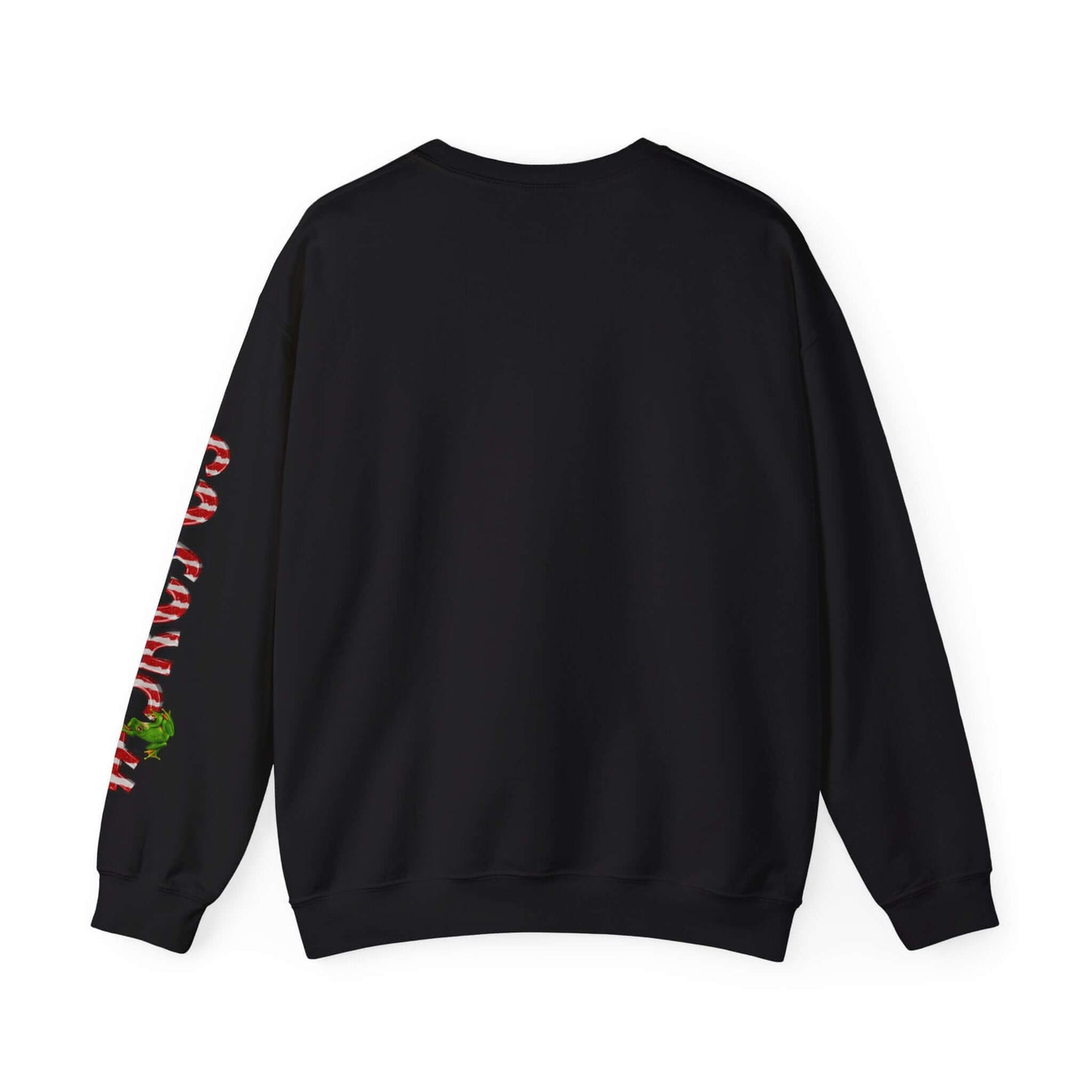 Black Christmas sweater with festive print on left sleeve, featuring colorful design elements for holiday season styling.