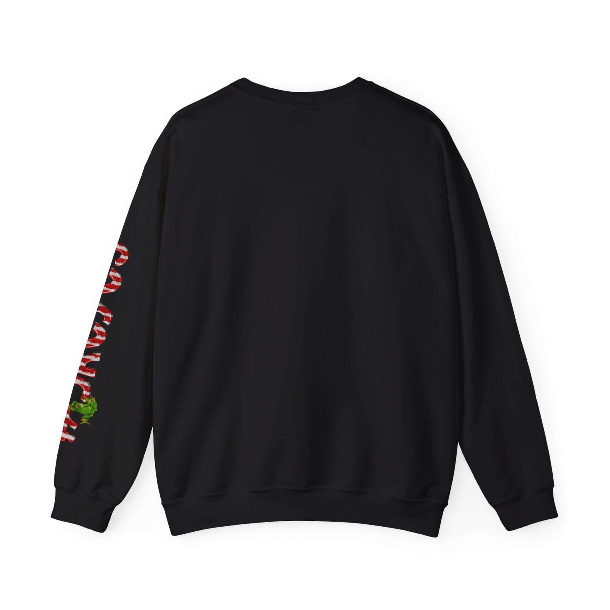 Black Christmas sweater with festive print on left sleeve, featuring colorful design elements for holiday season styling.