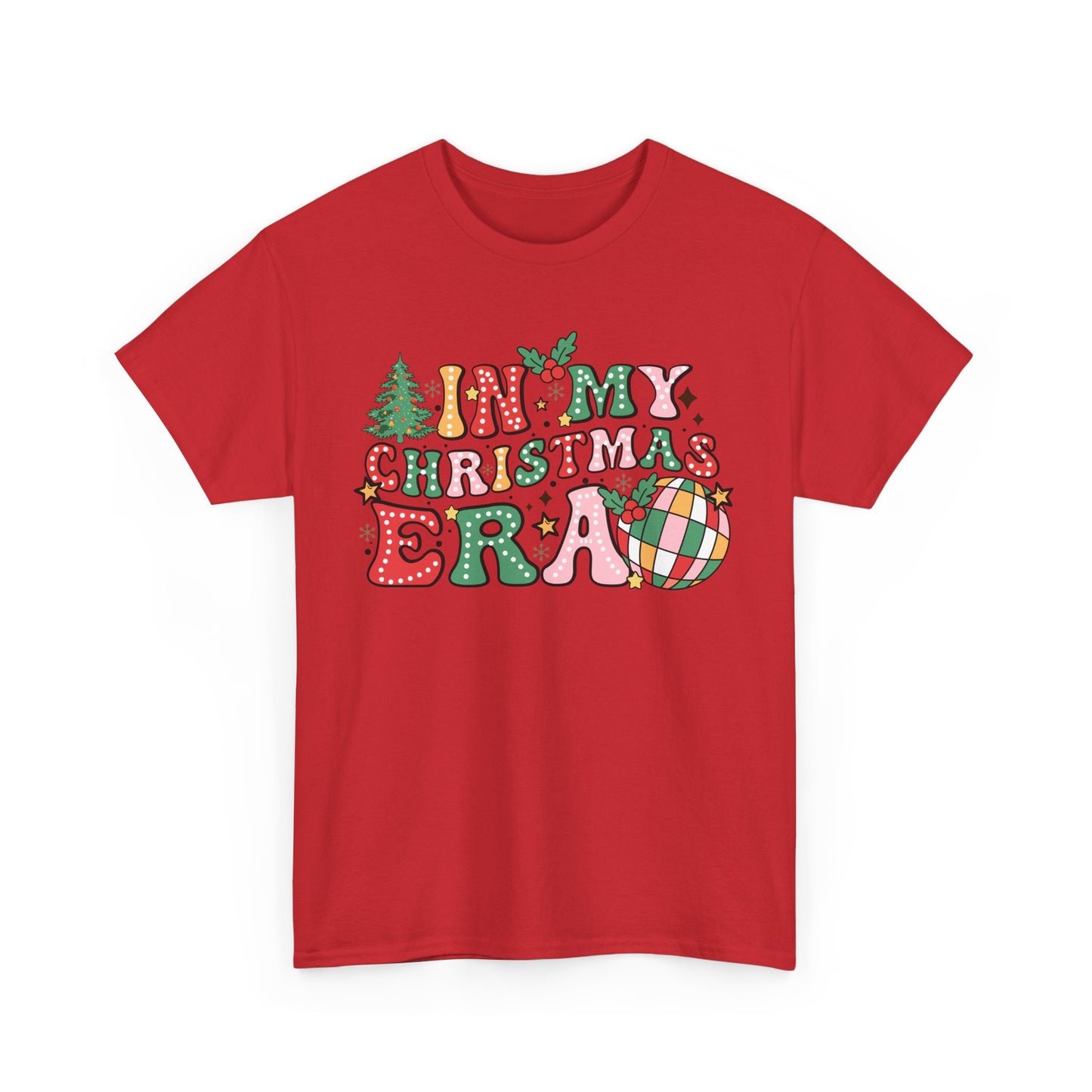 Red T-shirt featuring 'In My Christmas Era' design with festive letters, Christmas tree, and holiday elements for the season.