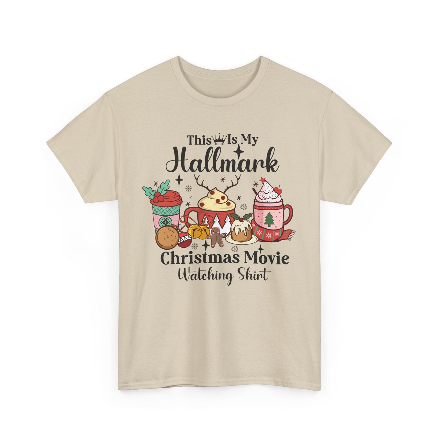 Beige Christmas movie shirt featuring festive mugs and treats with "This Is My Hallmark" design for holiday cheer.