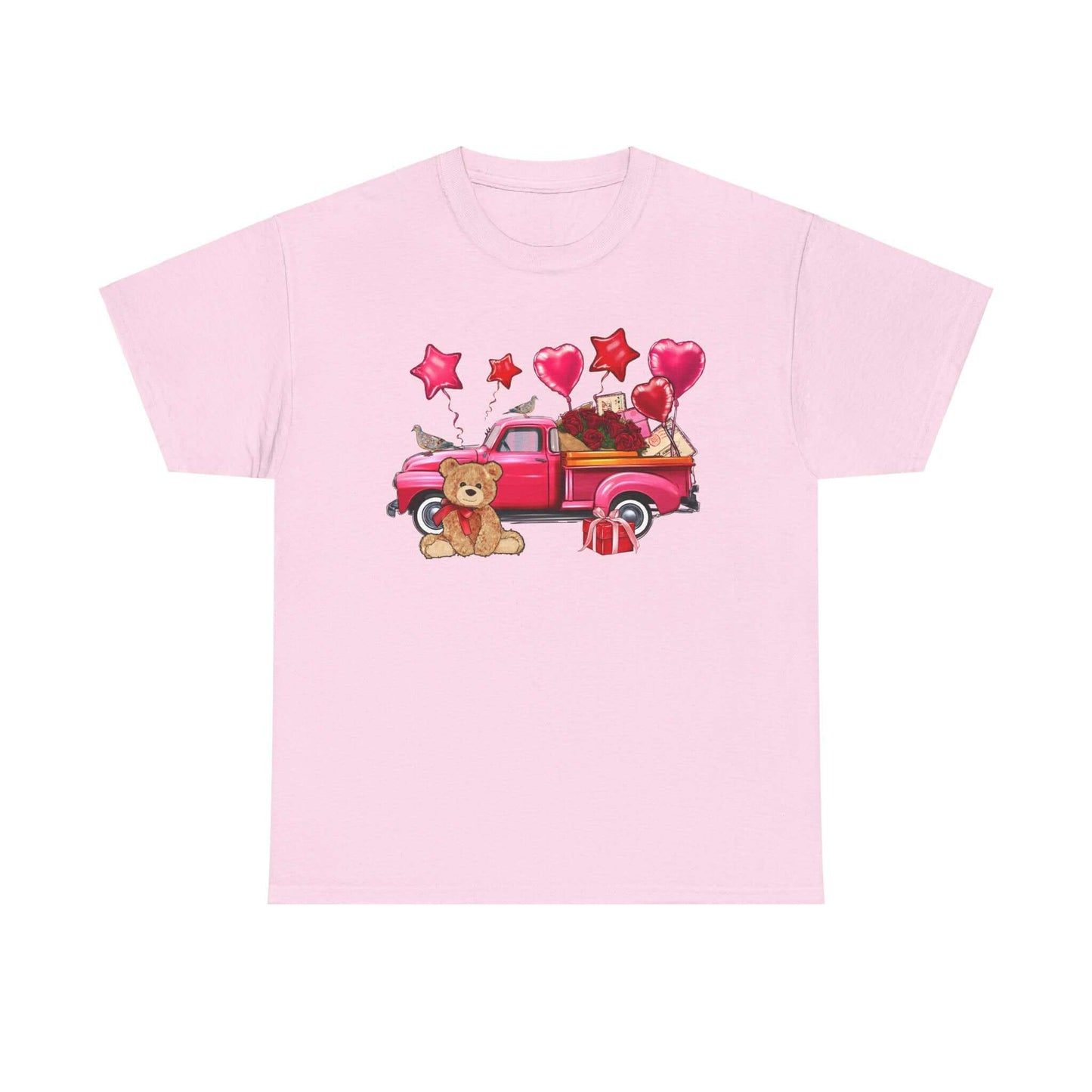 Valentine's Day pink t-shirt with vintage truck, roses, teddy bear, and heart balloons design. Perfect love gift for adults.