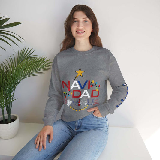 Woman wearing customizable gray Christmas sweater with "NAVIDAD BORICUA" design and vibrant print on left sleeve.