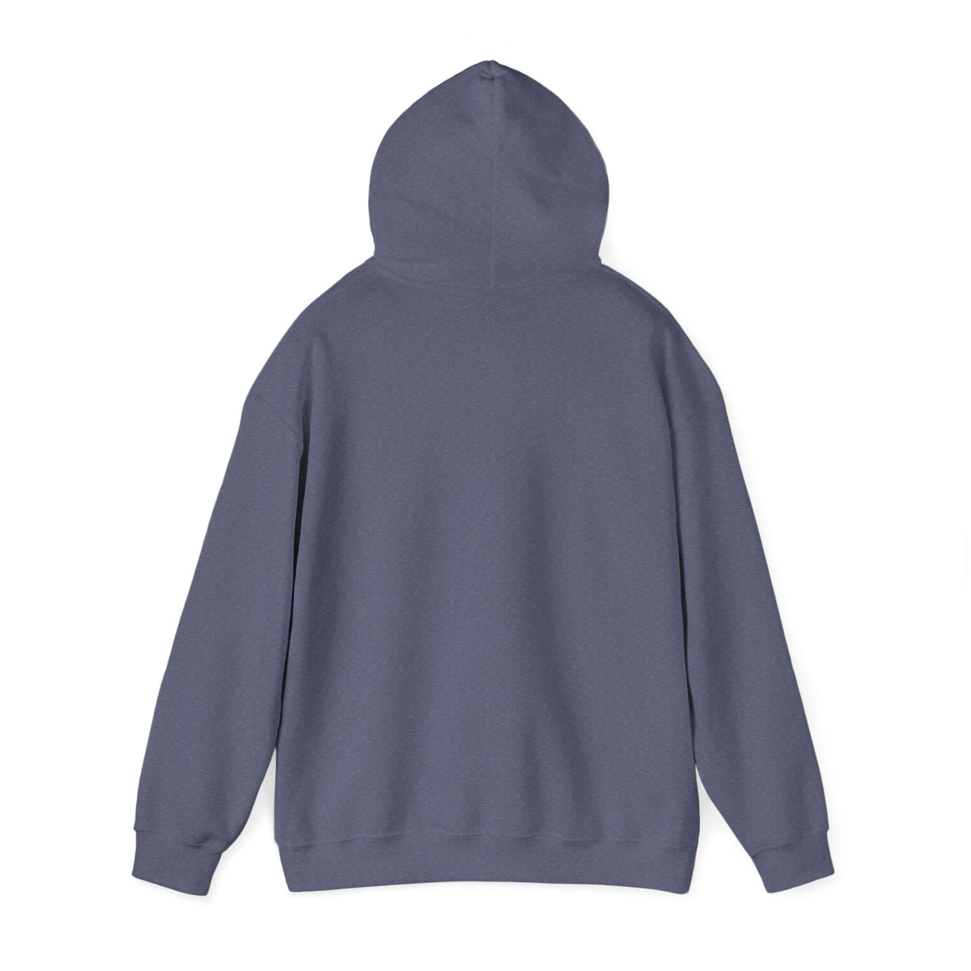 Blue hooded sweatshirt back view, showcasing design details for car enthusiasts with adjustable hood and ribbed cuffs.