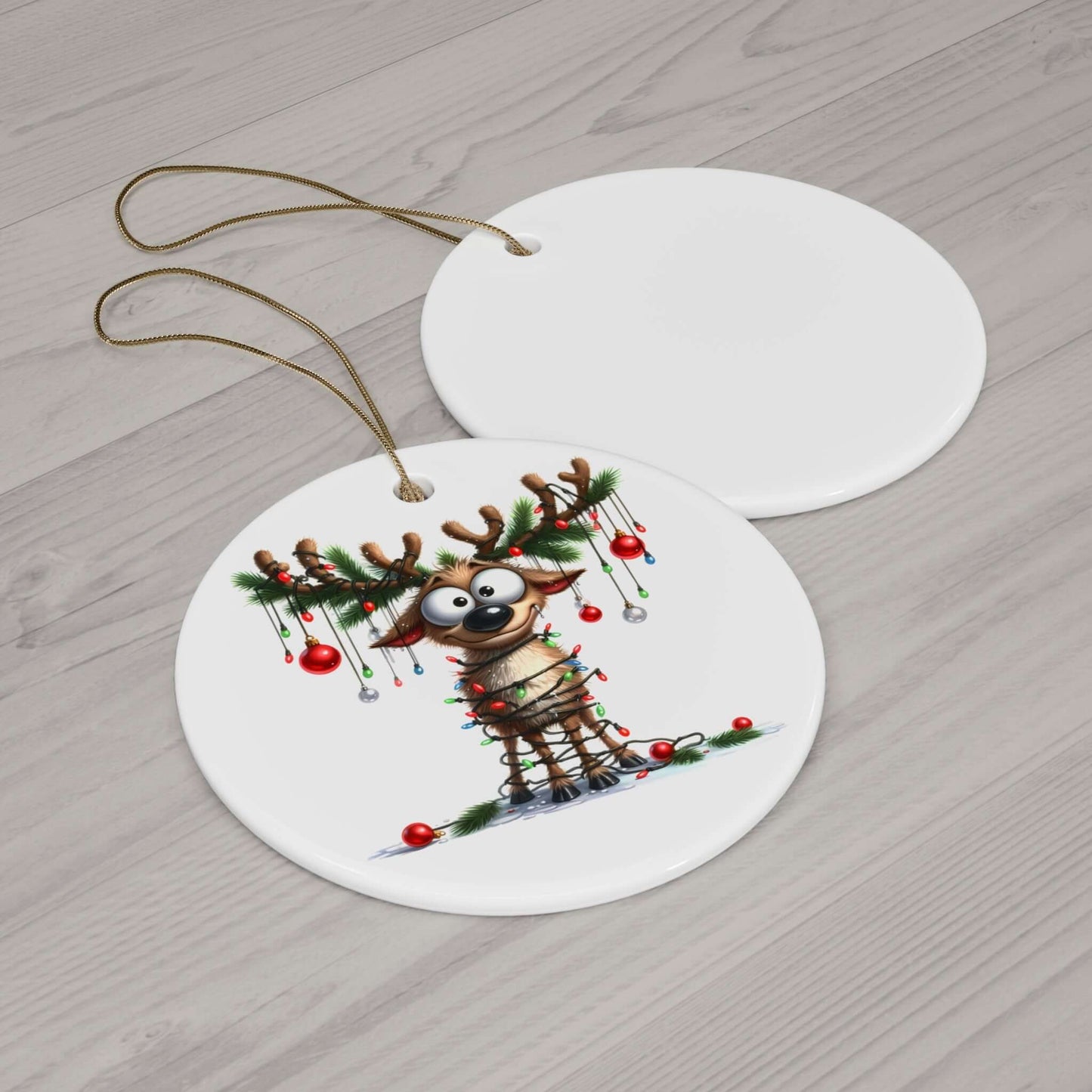 Funny reindeer ceramic ornament wrapped in Christmas lights, perfect for festive decor and holiday gift ideas.