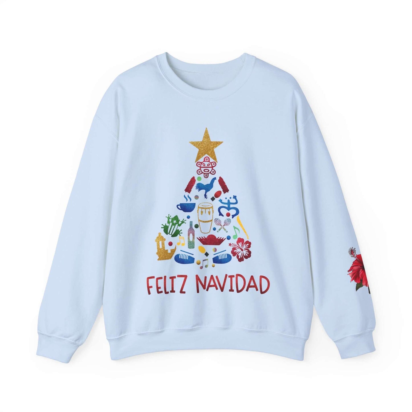 Feliz Navidad Puerto Rico Festive Print on left Long Sleeve Christmas T-Shirt with Unique Colorful Tree Design