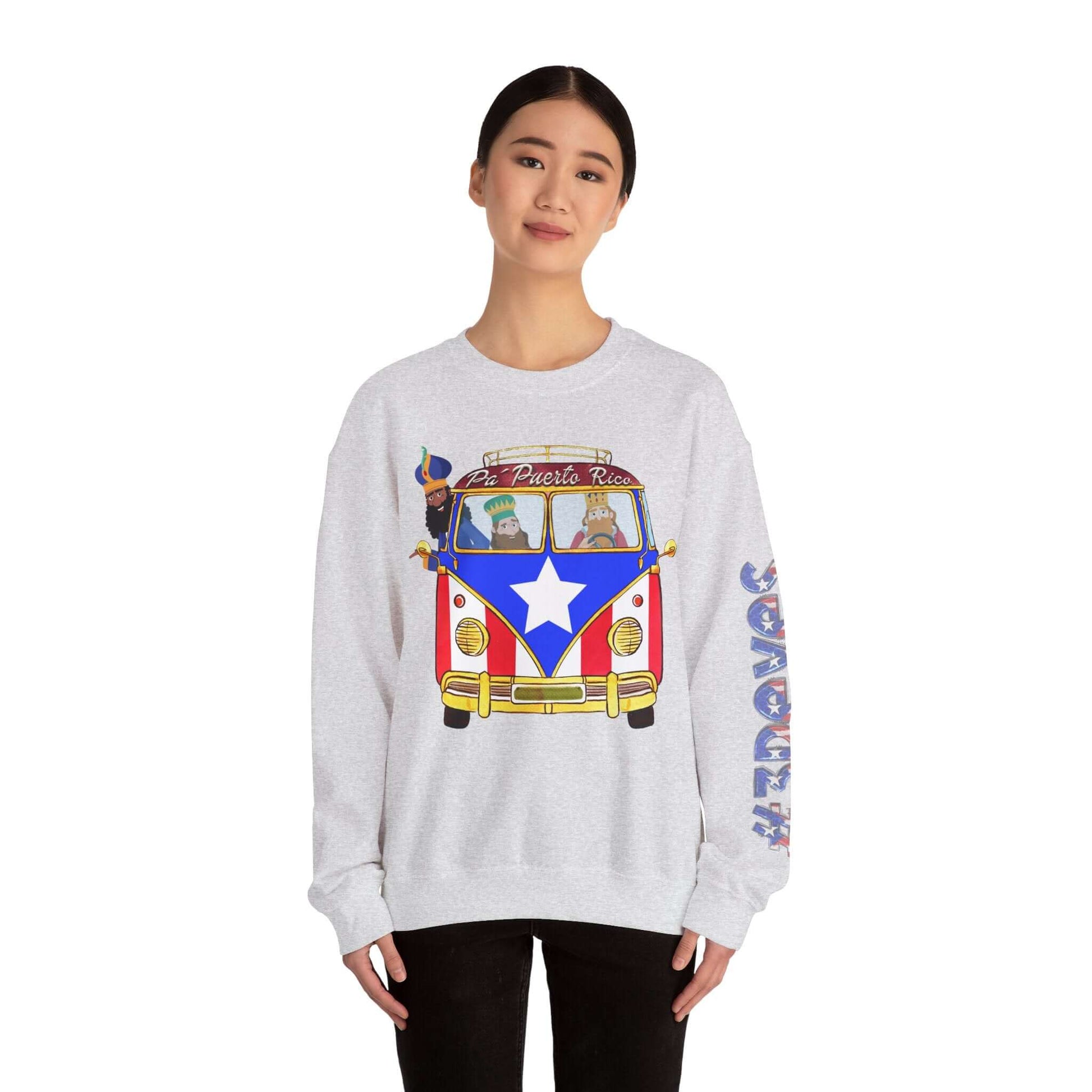 Festive Christmas sweater with VW bus and Puerto Rico flag design, featuring Three Kings and vibrant print on left sleeve.