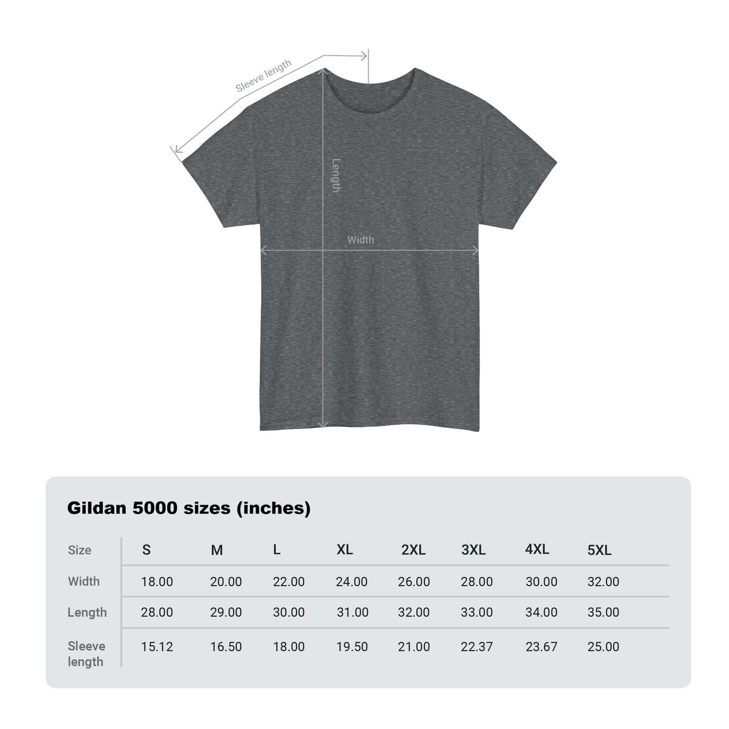 Size chart and dimensions for Gildan 5000 tee in grey, featuring width, length, and sleeve measurements for sizes S to 5XL.