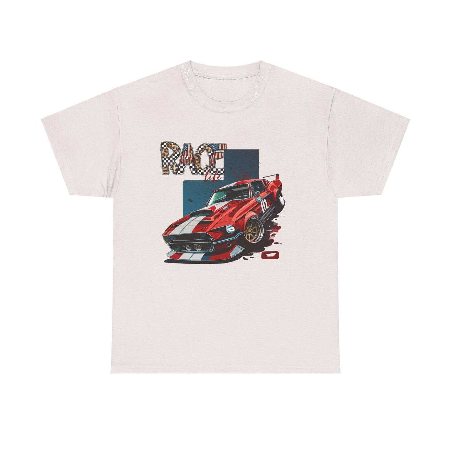 Racing Life Muscle Car T-Shirt with red Mustang and 'RACE life' emblem