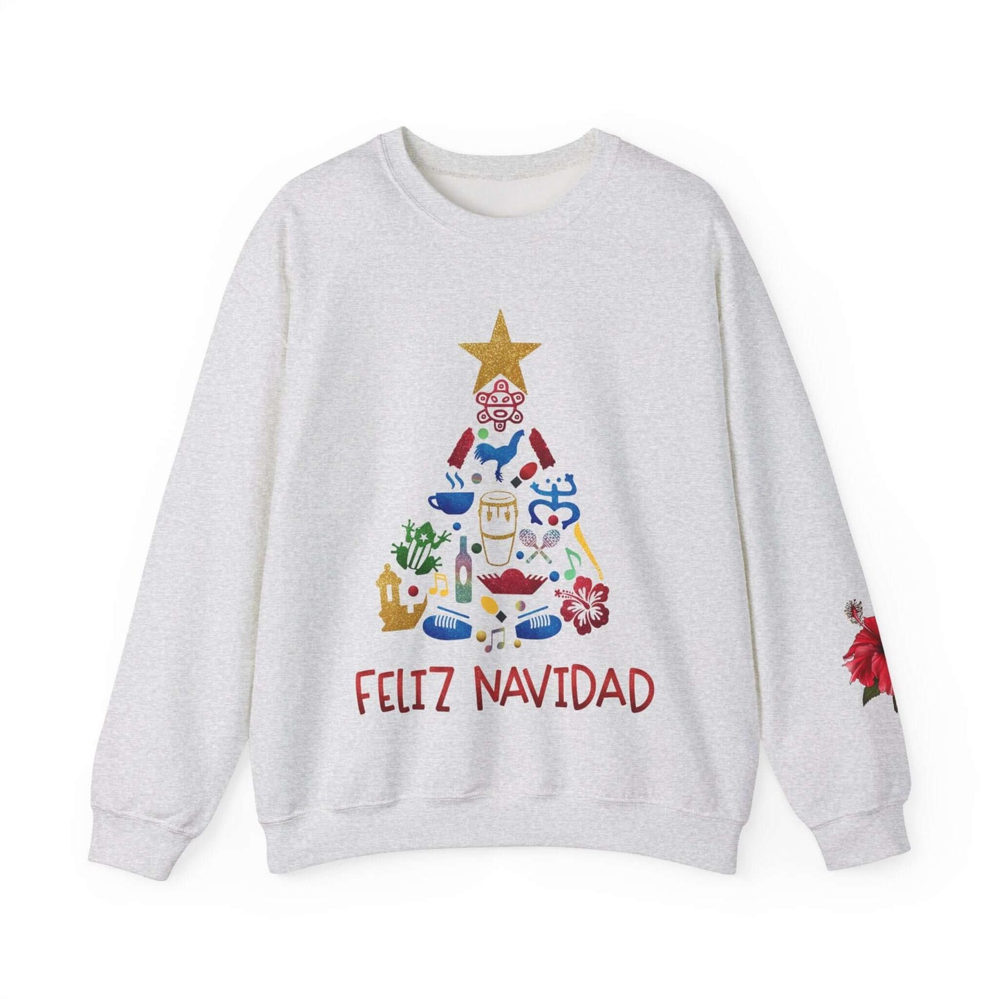 Feliz Navidad Puerto Rico Festive Print on left Long Sleeve Christmas T-Shirt with Unique Colorful Tree Design