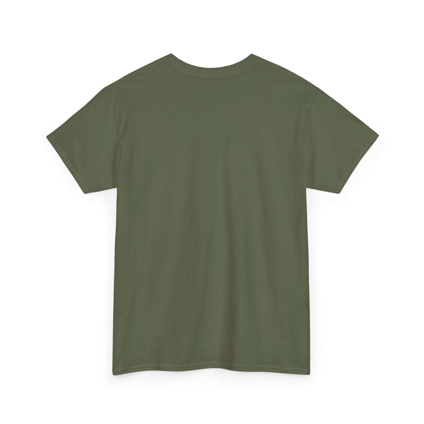 Back view of an olive green T-shirt designed to celebrate Hispanic heritage and diversity.