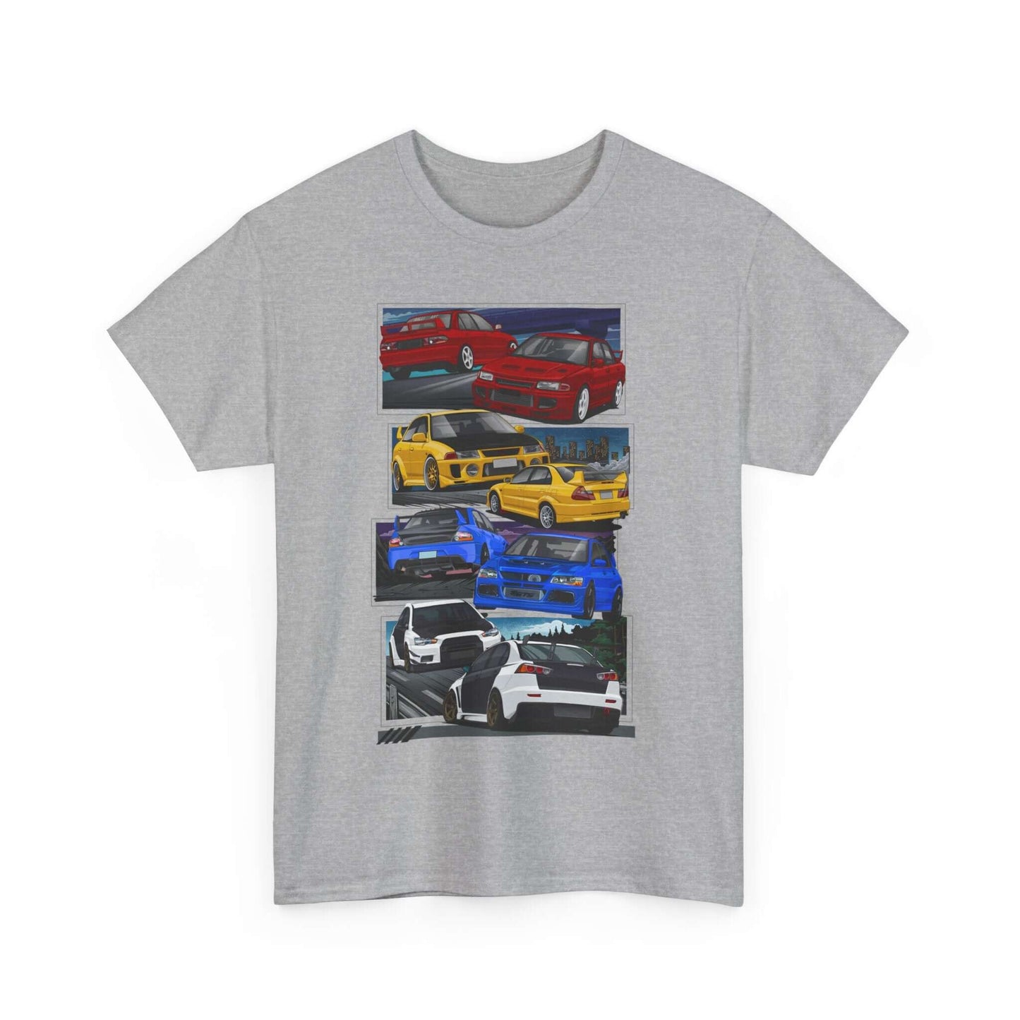 JDM-Inspired Evolution Car Tee, Red Yellow Blue White Enthusiast Shirt