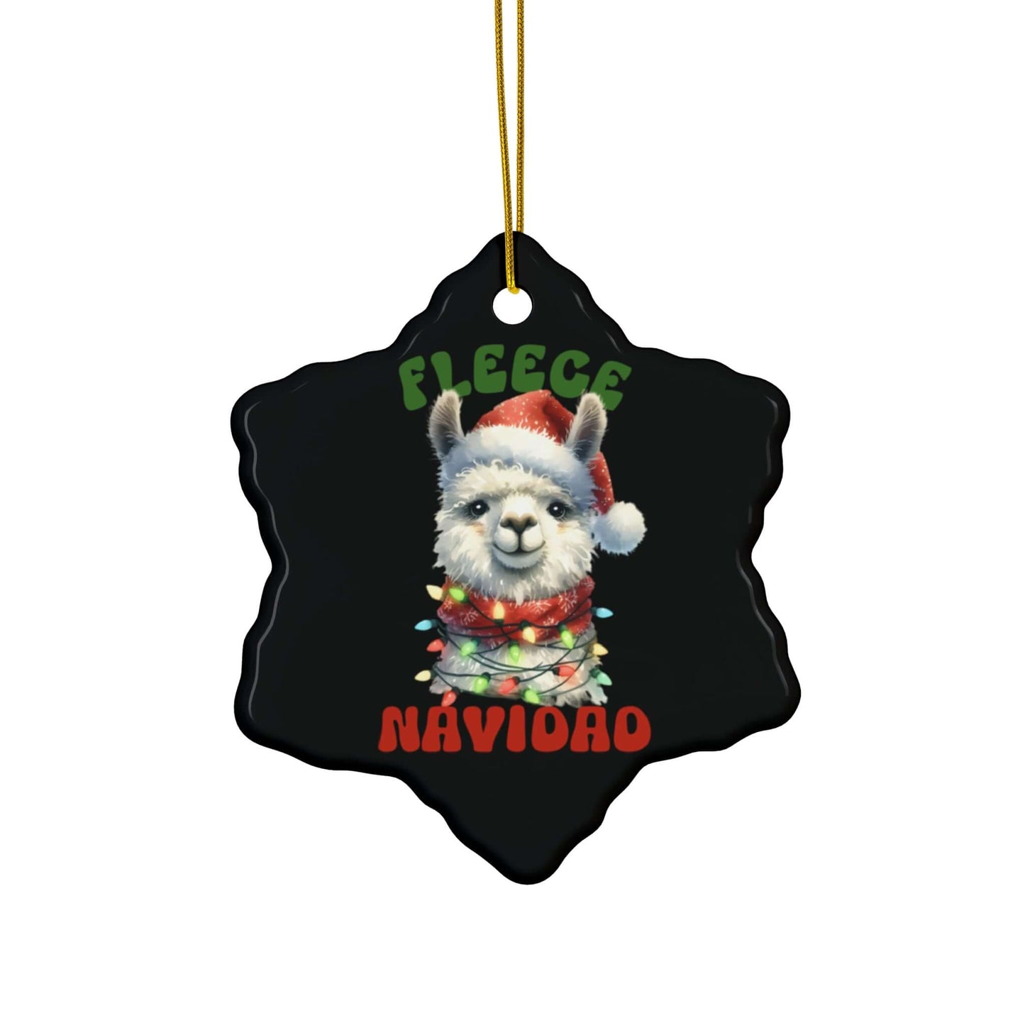 Festive llama ornament with "Fleece Navidad" phrase, colorful lights, and Santa hat for holiday cheer.