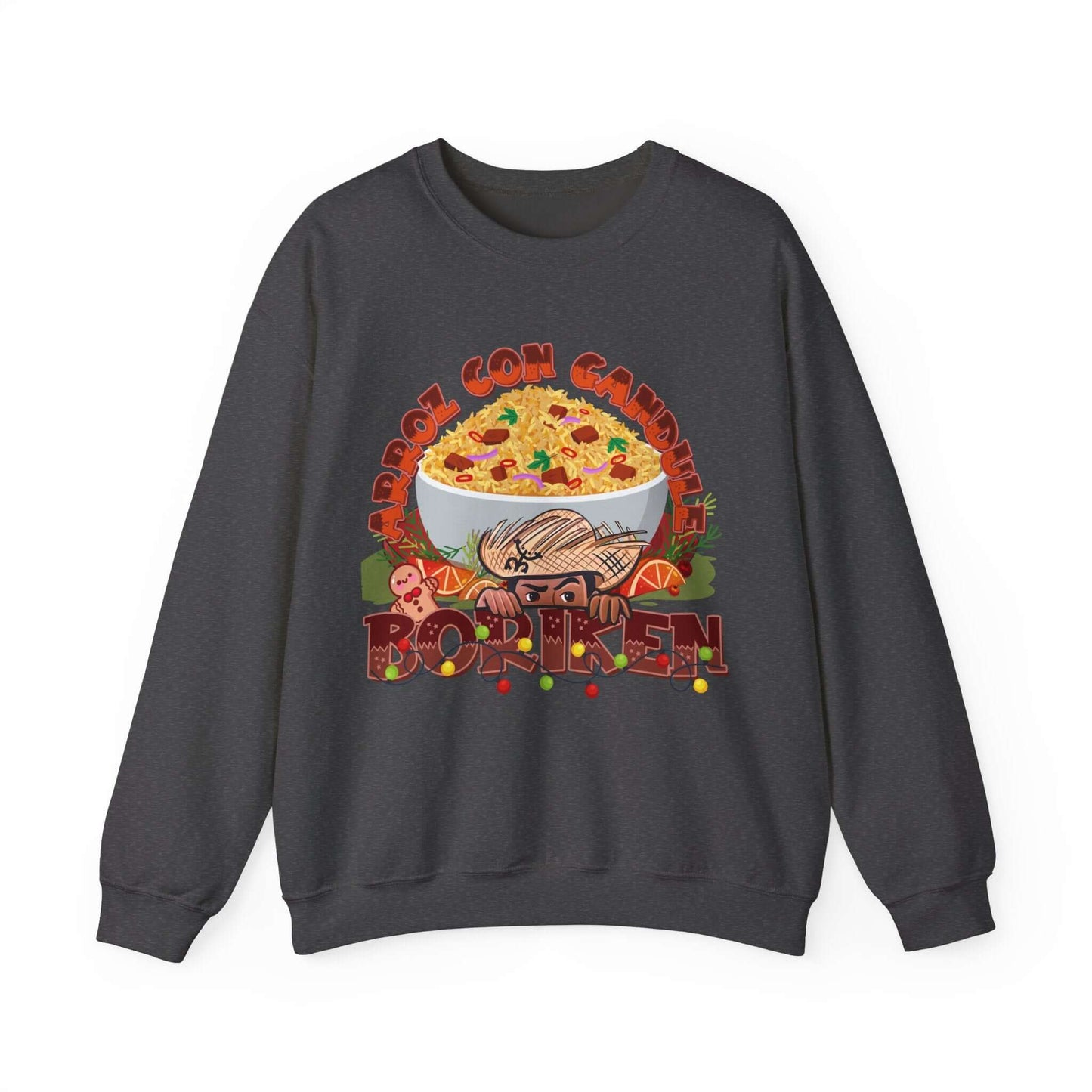 Arroz Con Gandules Christmas sweater with festive graphic design and bold text "BORIKÉN" on a dark-colored fabric.