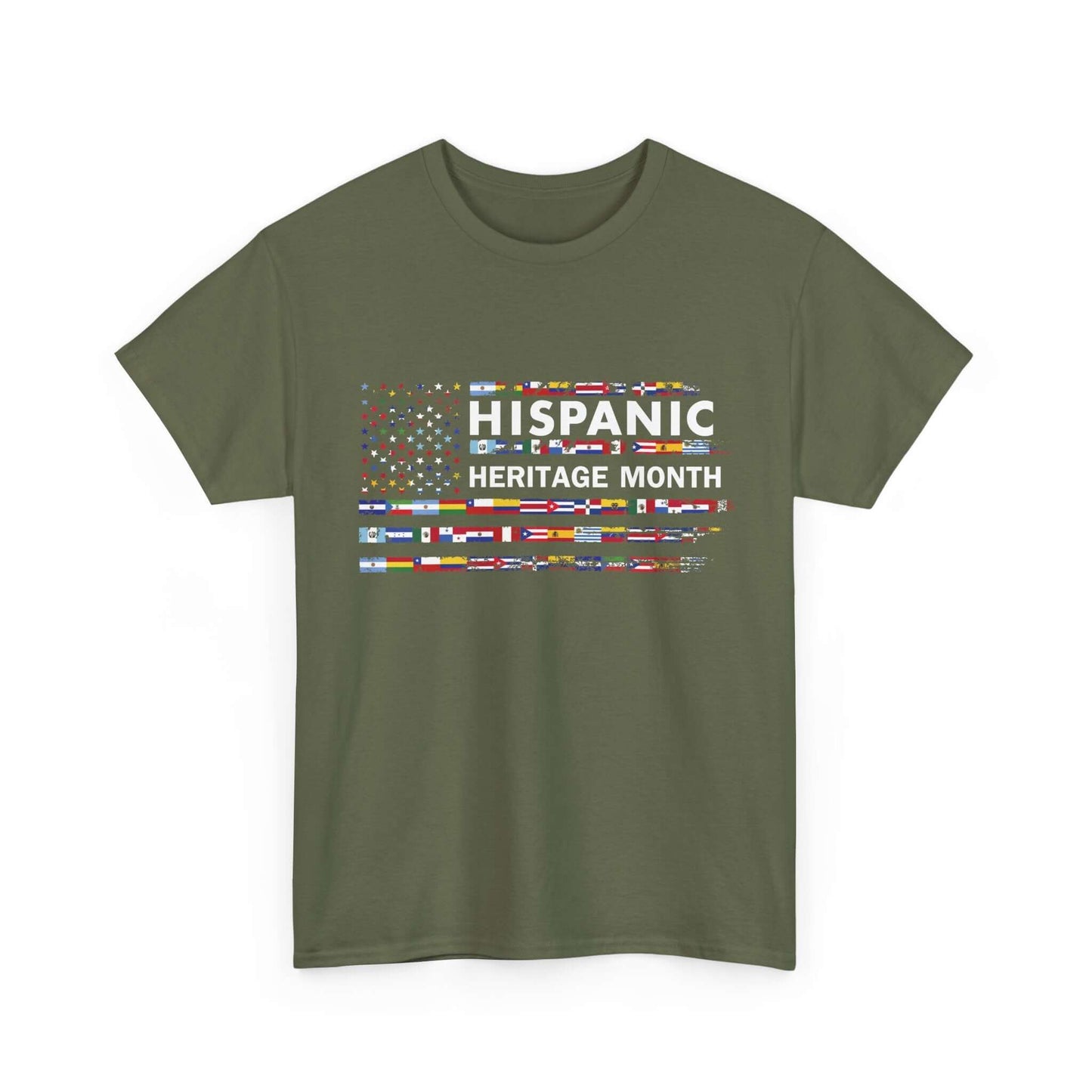 T-shirt featuring colorful flags representing Hispanic countries for Hispanic Heritage Month, celebrating cultural pride.