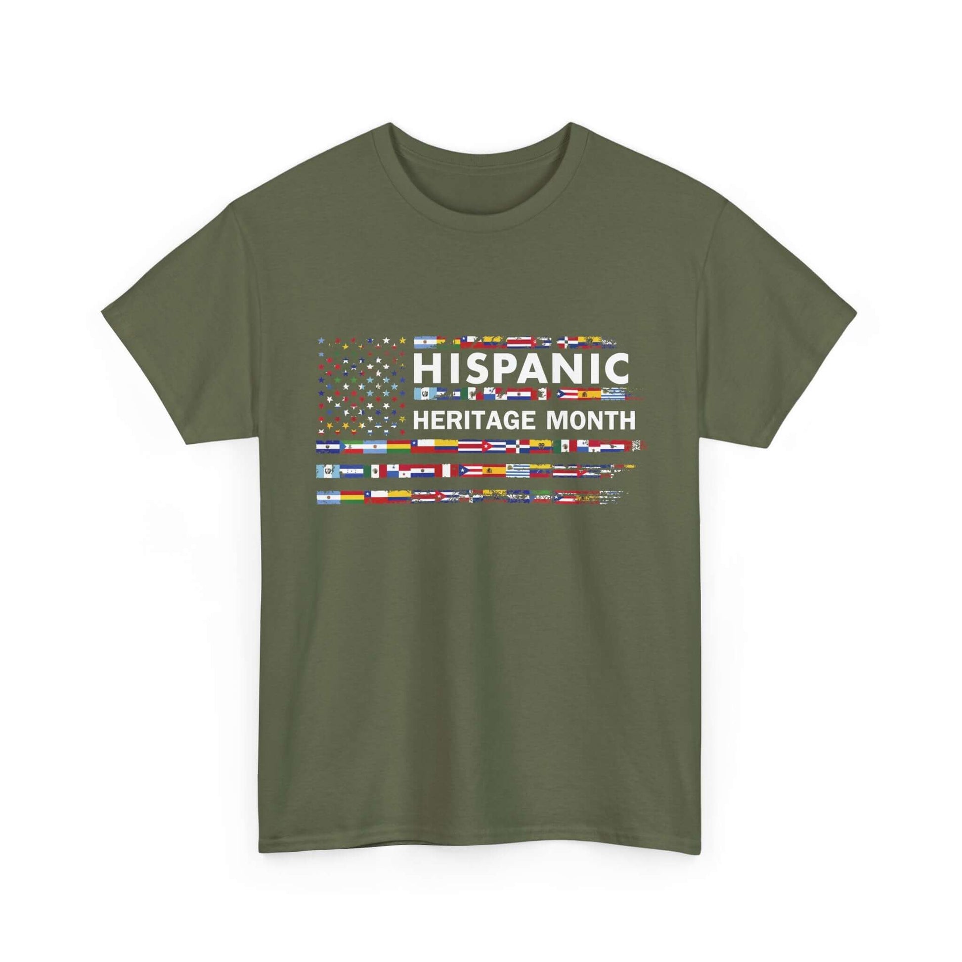 T-shirt featuring colorful flags representing Hispanic countries for Hispanic Heritage Month, celebrating cultural pride.