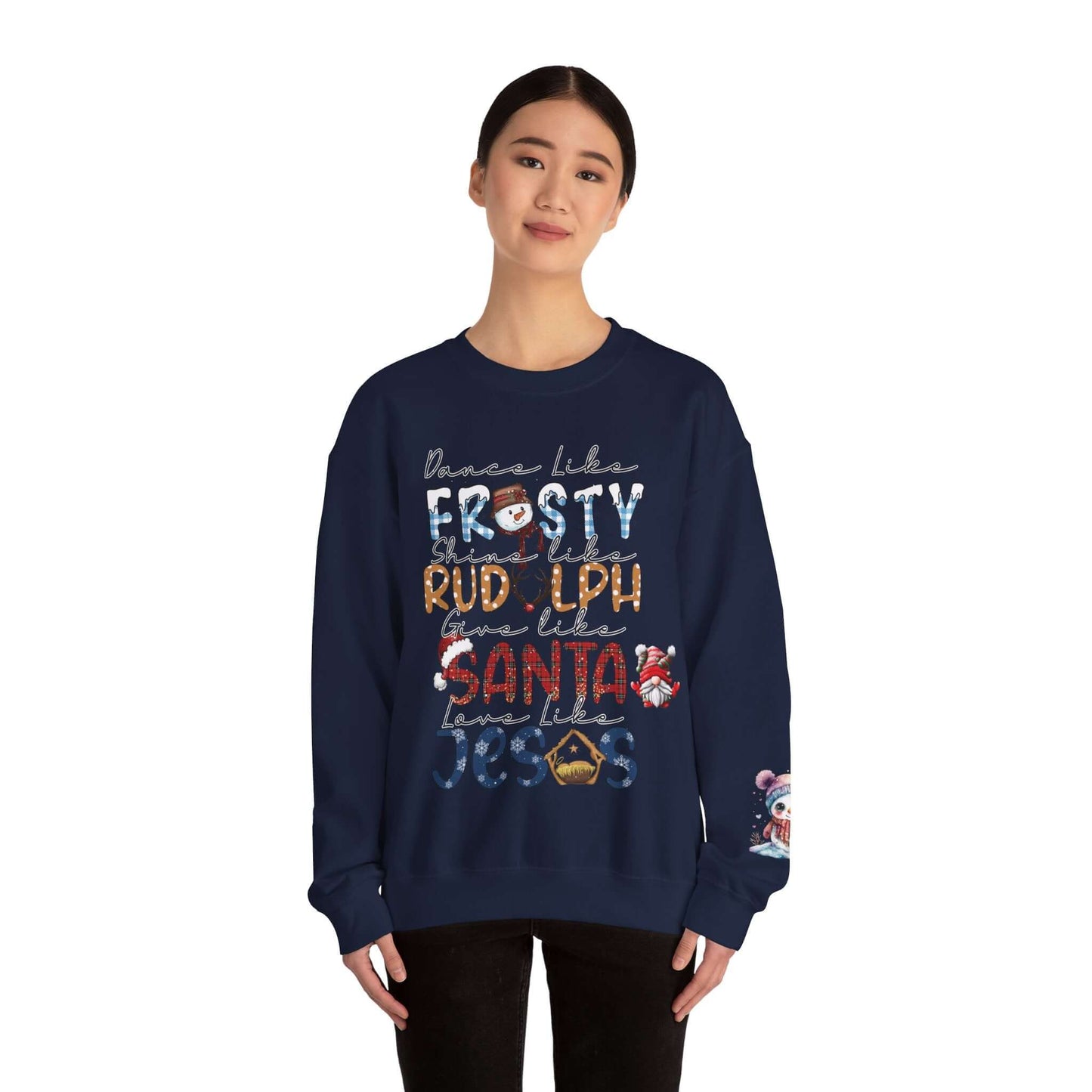 Festive Holiday T-Shirt with Snowman and Christmas Tree, Frosty Rudolph Santa Jesus Design, Colorful Fonts, Perfect Gift