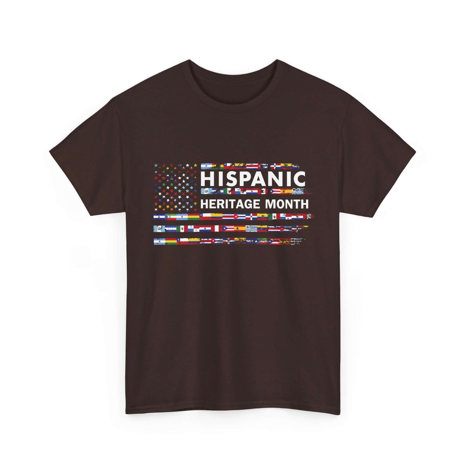 Hispanic Heritage Month T-shirt with flags mosaic celebrating cultural diversity and pride on a dark background.