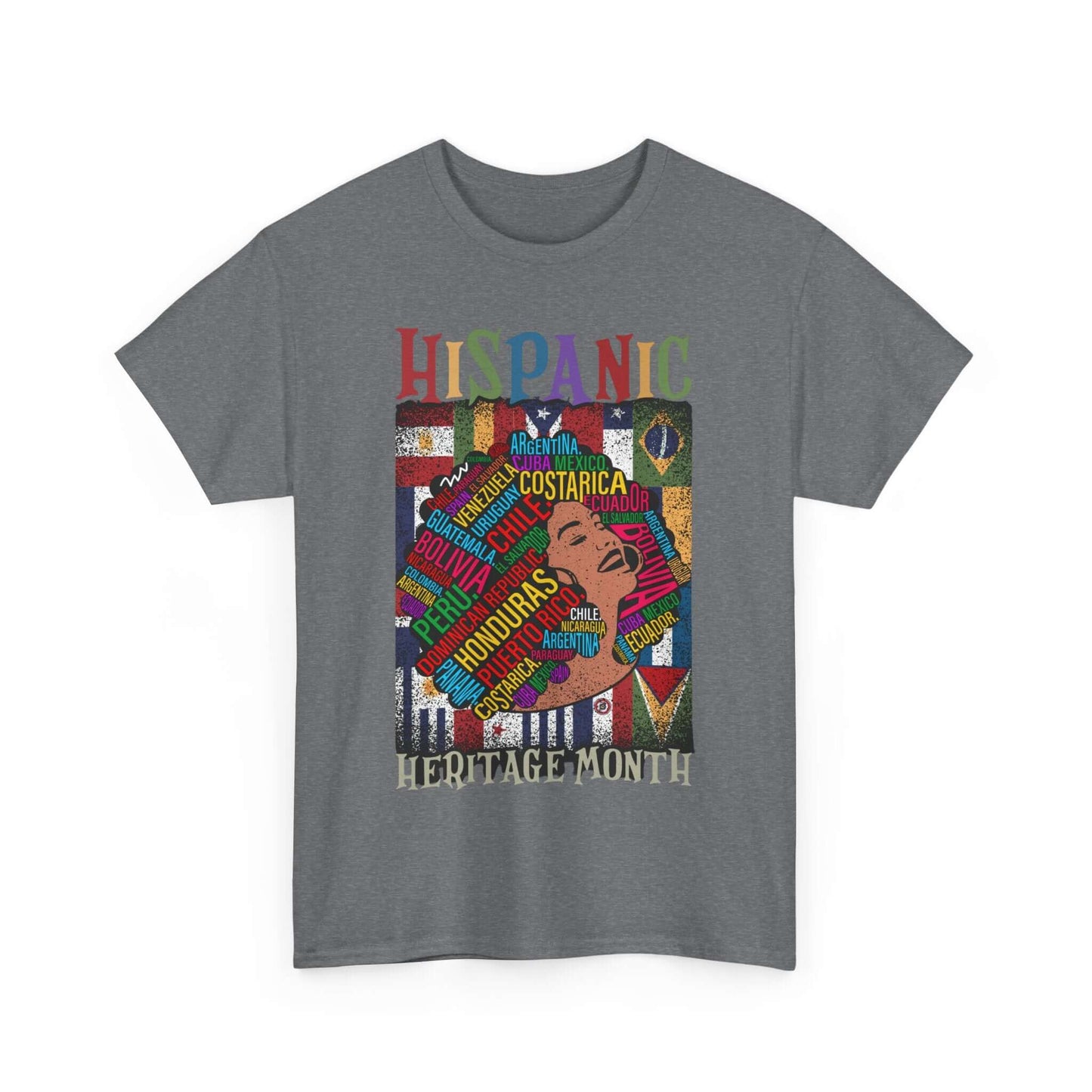 Vibrant T-Shirt with head representation and country names for Hispanic Heritage Month celebration