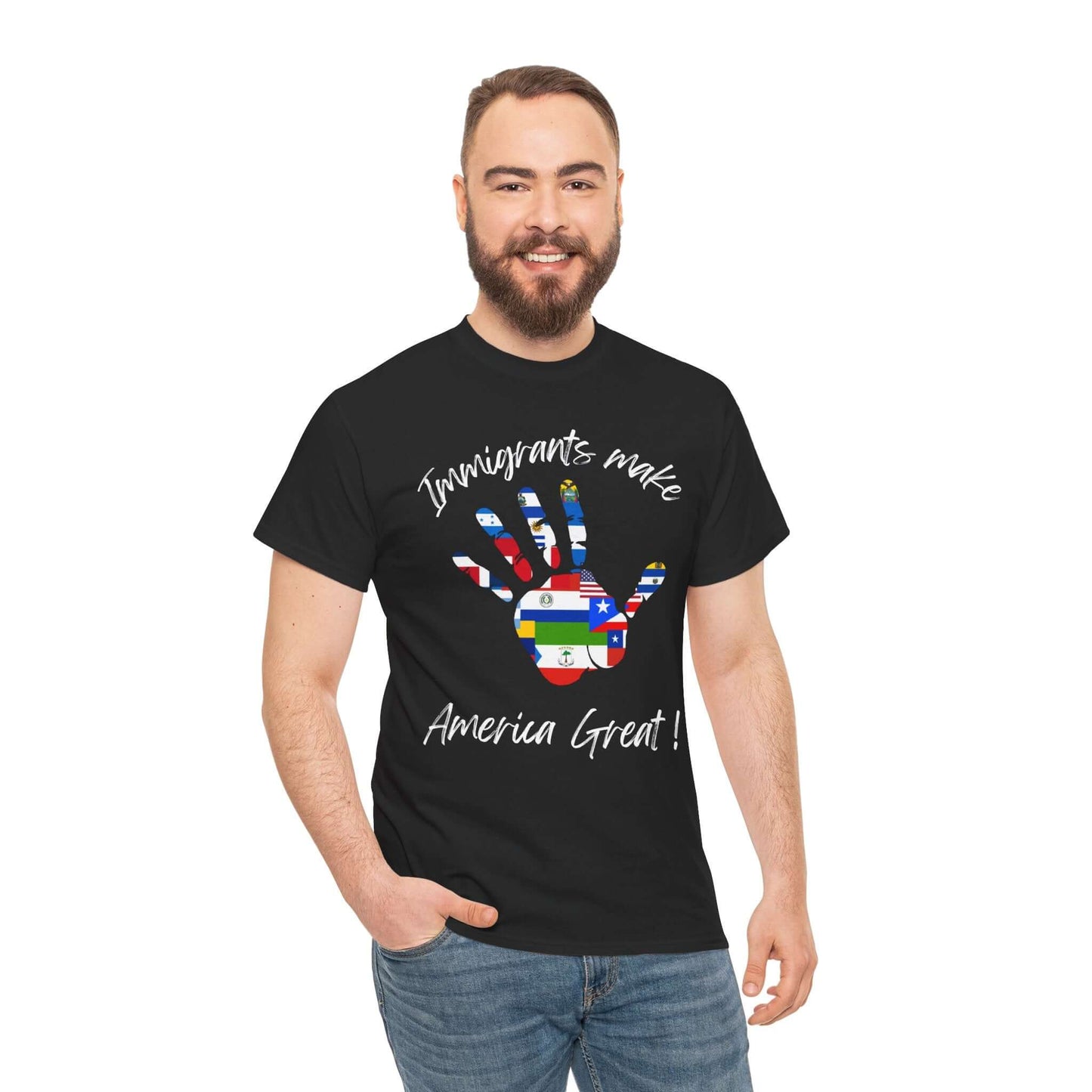 Man wearing Immigrants Make America Great Tee with handprint design celebrating diversity and inclusivity.