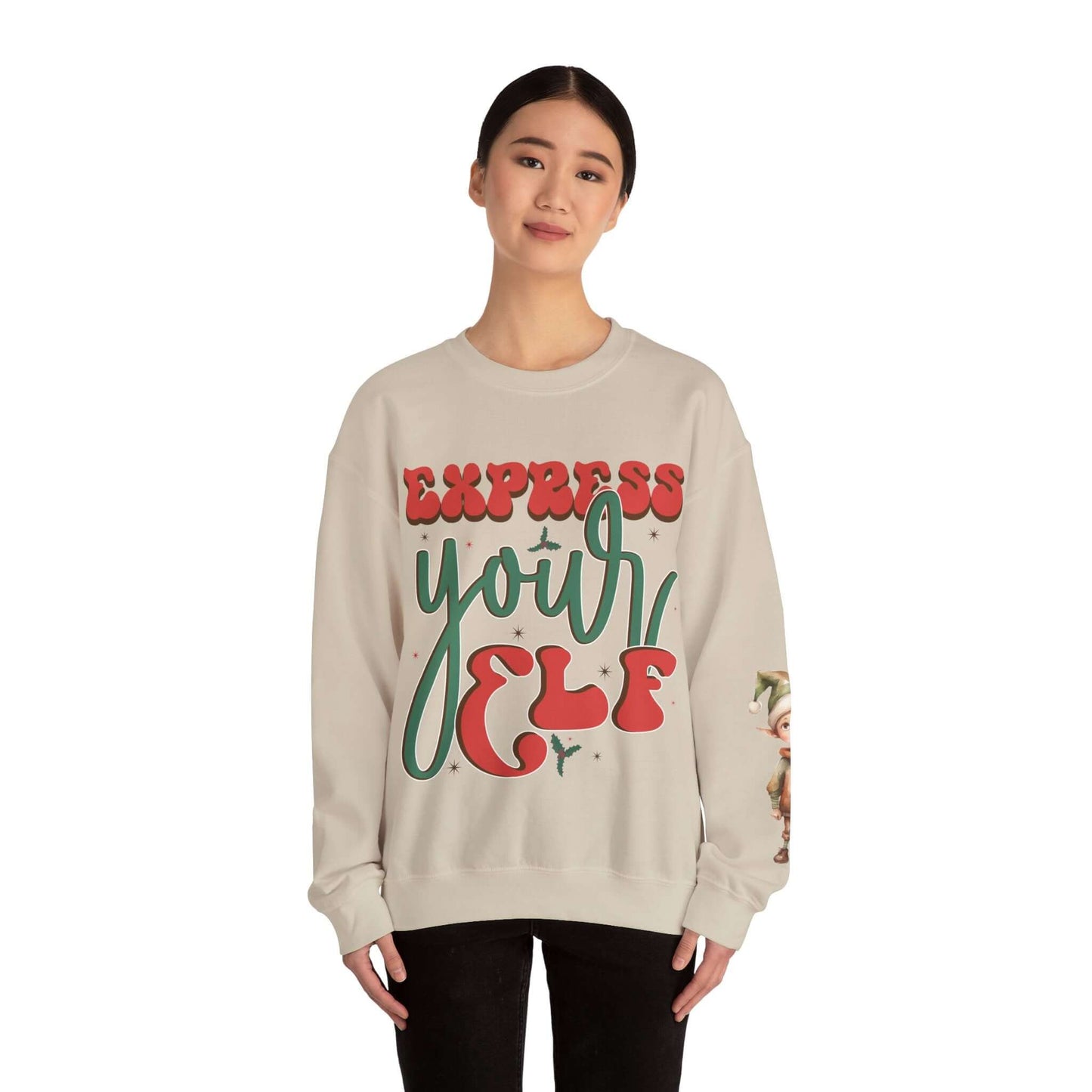 Express Yourself Festive Sweatshirt - Colorful Holiday Elf Design, Individuality and Style