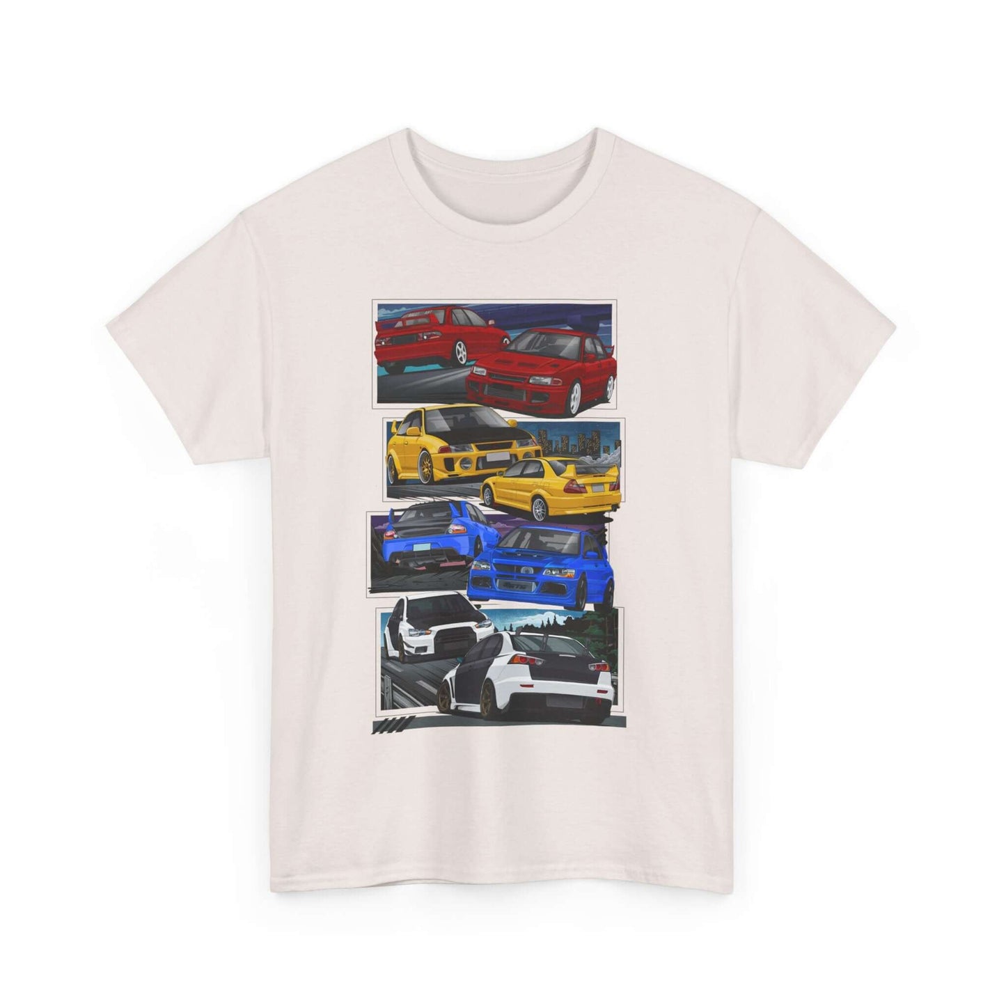 JDM-Inspired Evolution Car Tee, Red Yellow Blue White Enthusiast Shirt