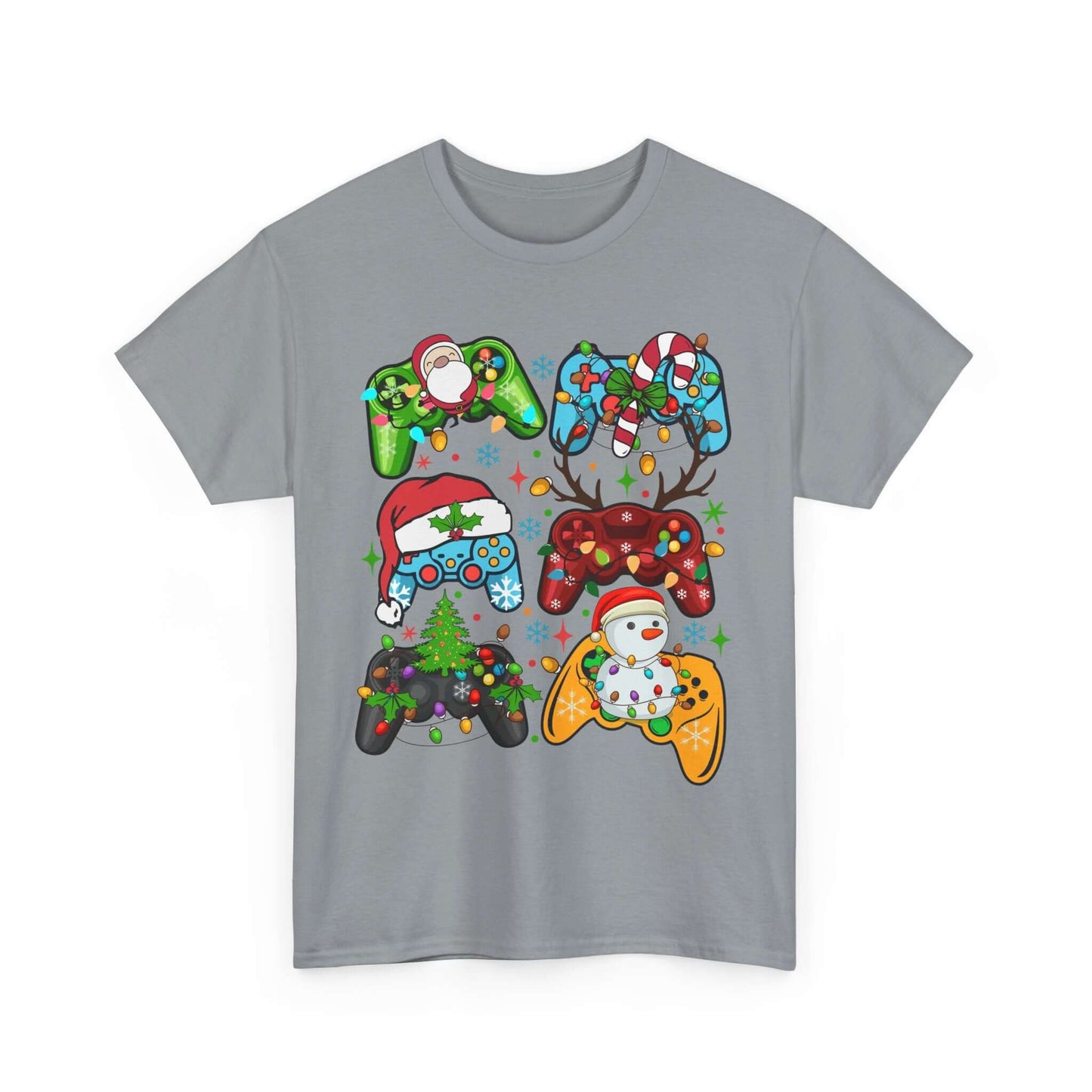 Christmas Gaming Controller Tee featuring festive designs for gamers, perfect for holiday fun and everyday wear.