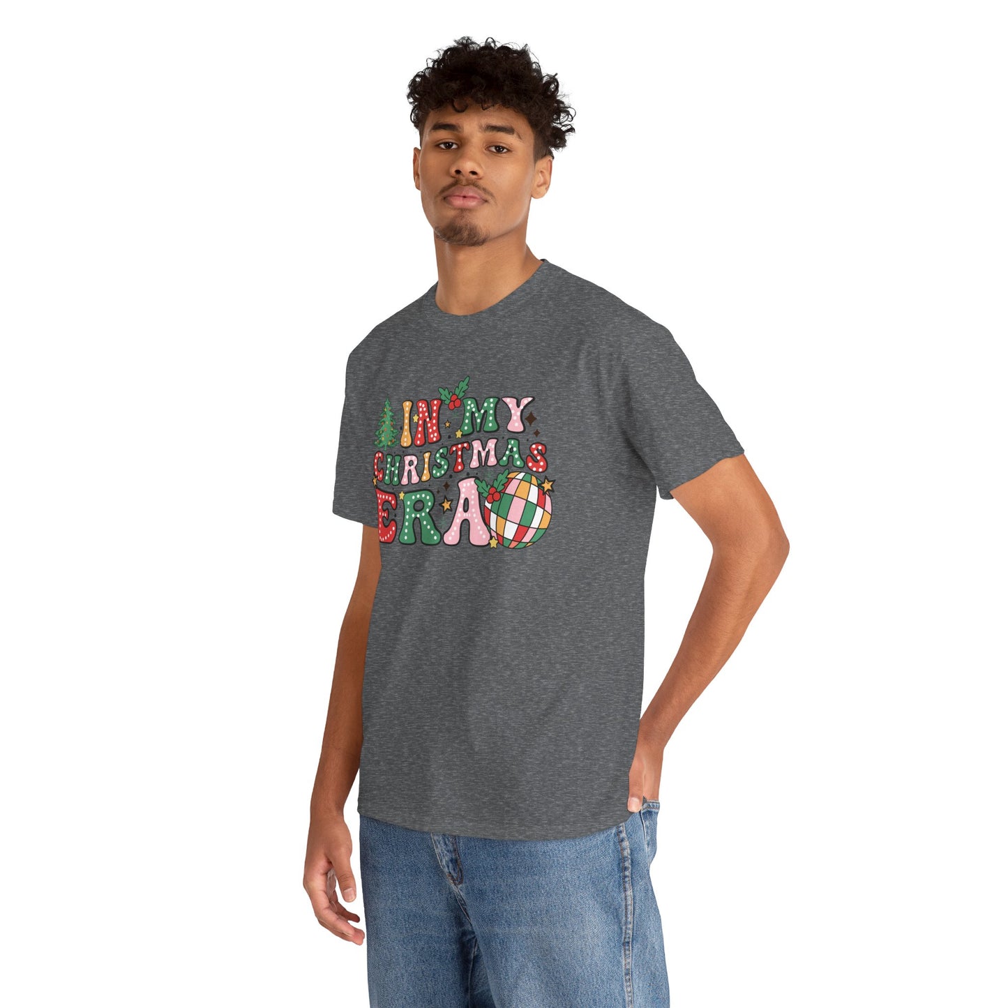 Man wearing "In My Christmas Era" festive t-shirt with colorful holiday design, perfect for celebrating the season.