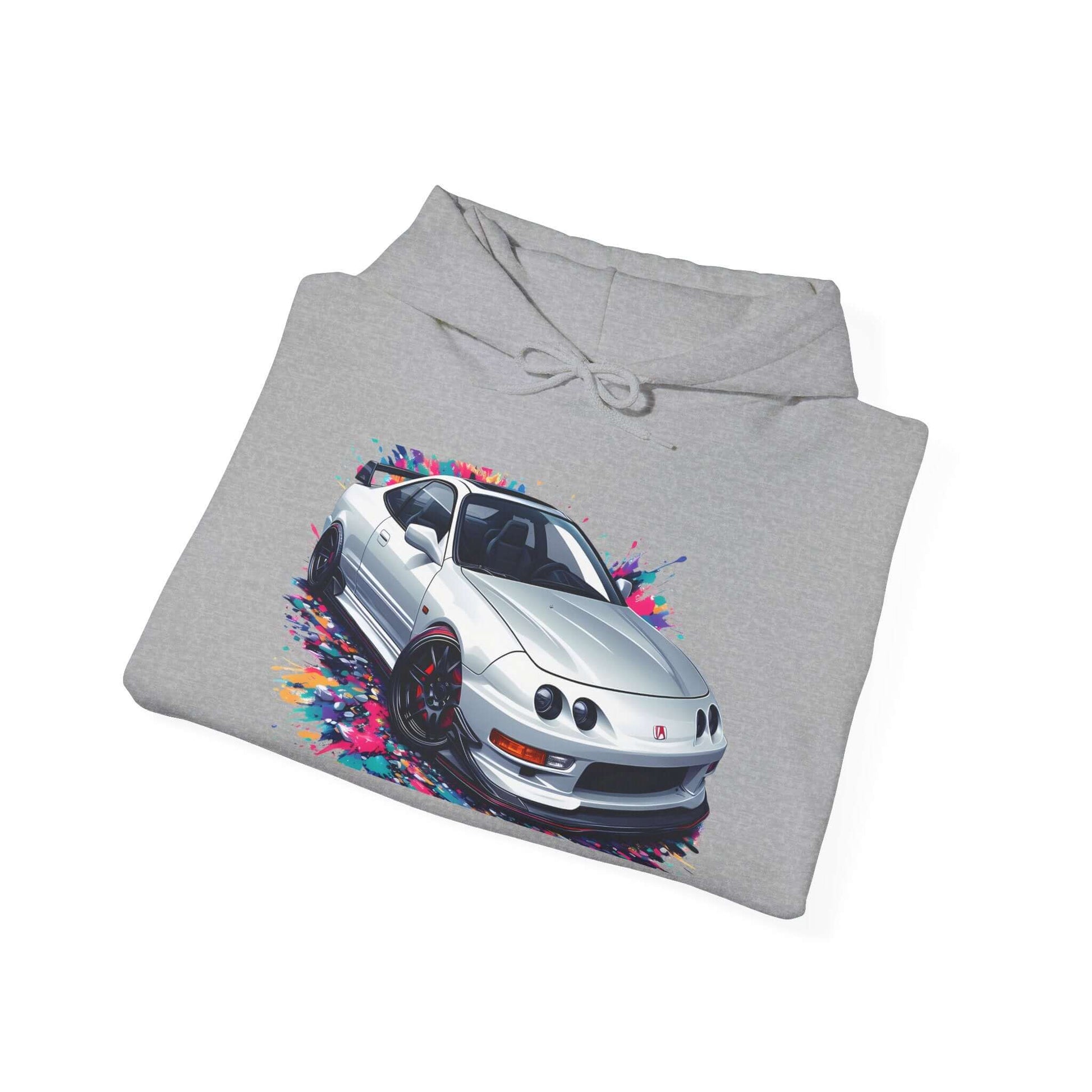 White hoodie featuring DC2 USDM front clip design with colorful splashes, perfect for car enthusiasts and casual outings.