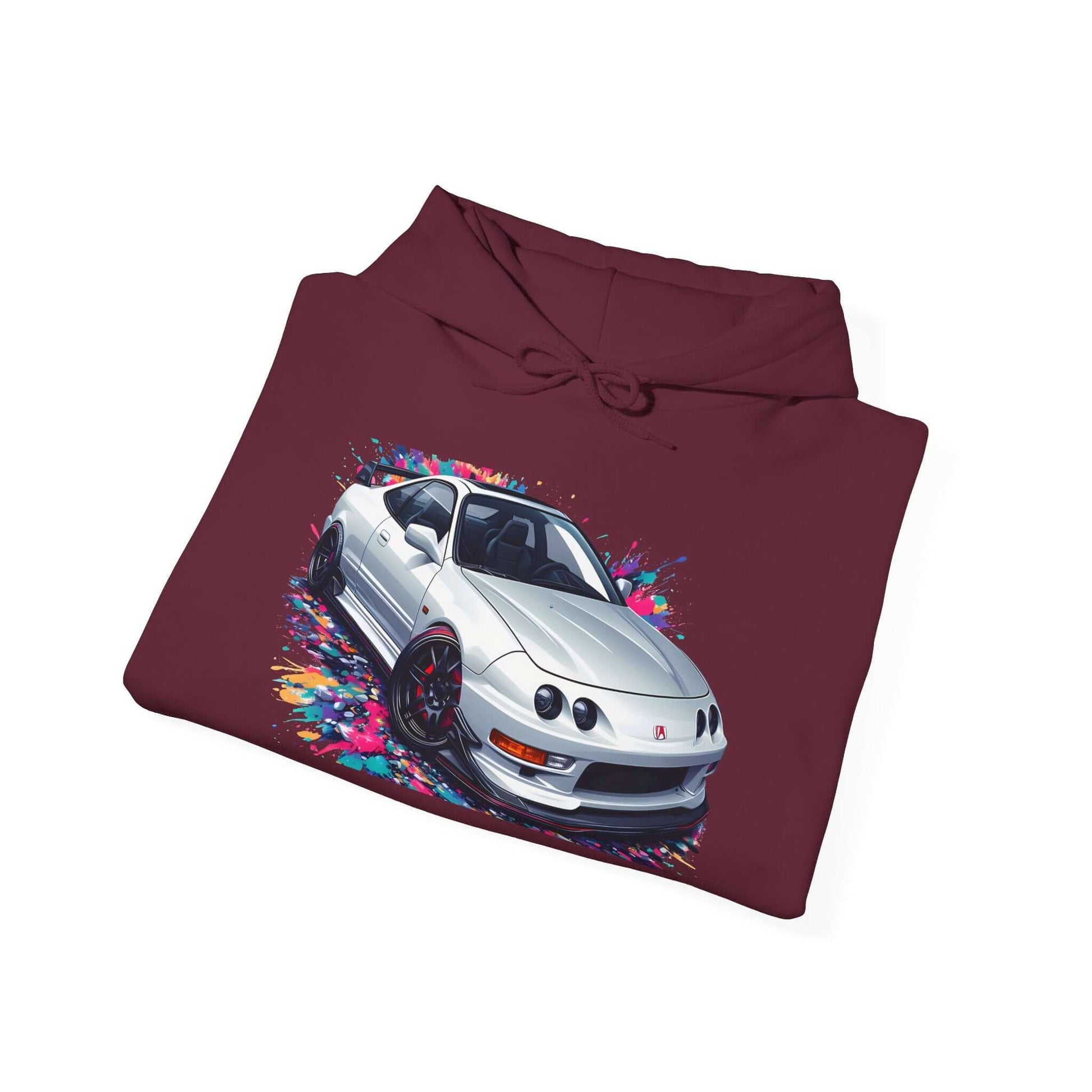 White Model Integra hoodie with DC2 USDM front clip design on maroon fabric for car enthusiasts.