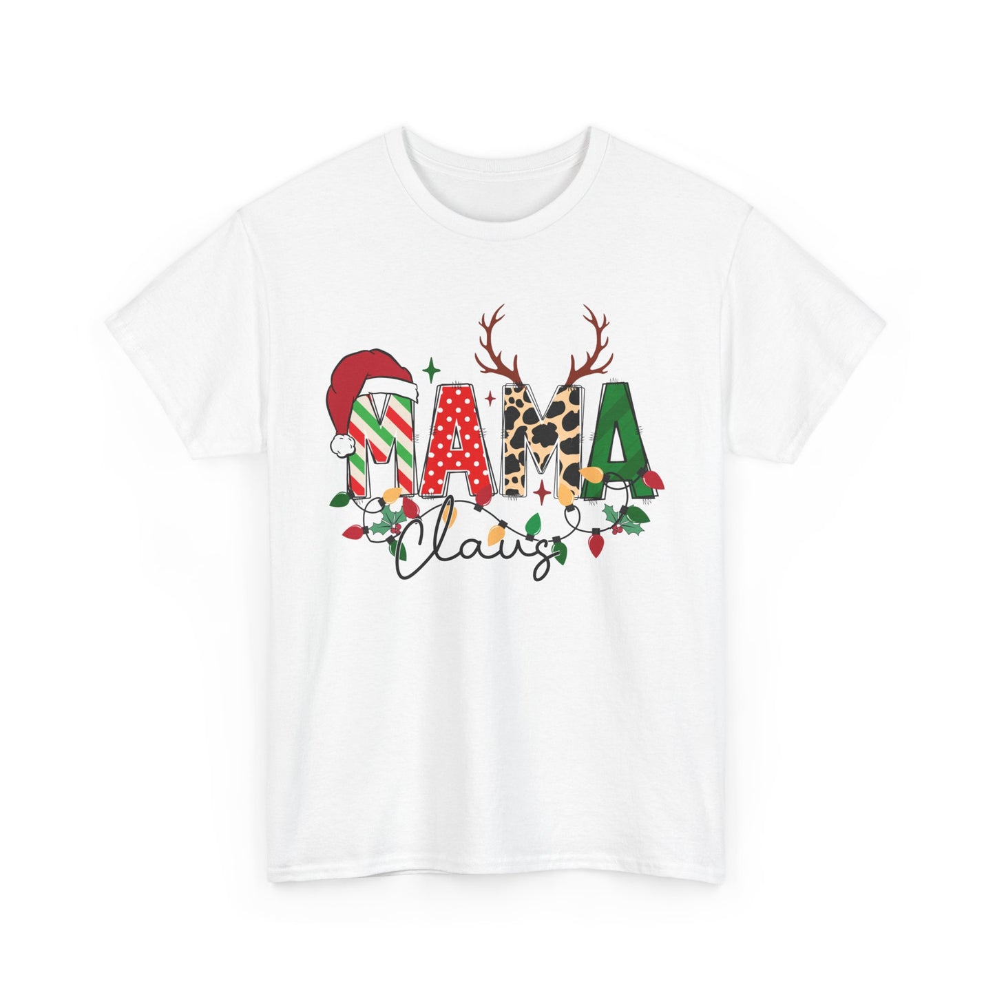 Christmas MAMA Claus tee with Santa hat and reindeer antlers design on a white cotton shirt for festive holiday cheer.