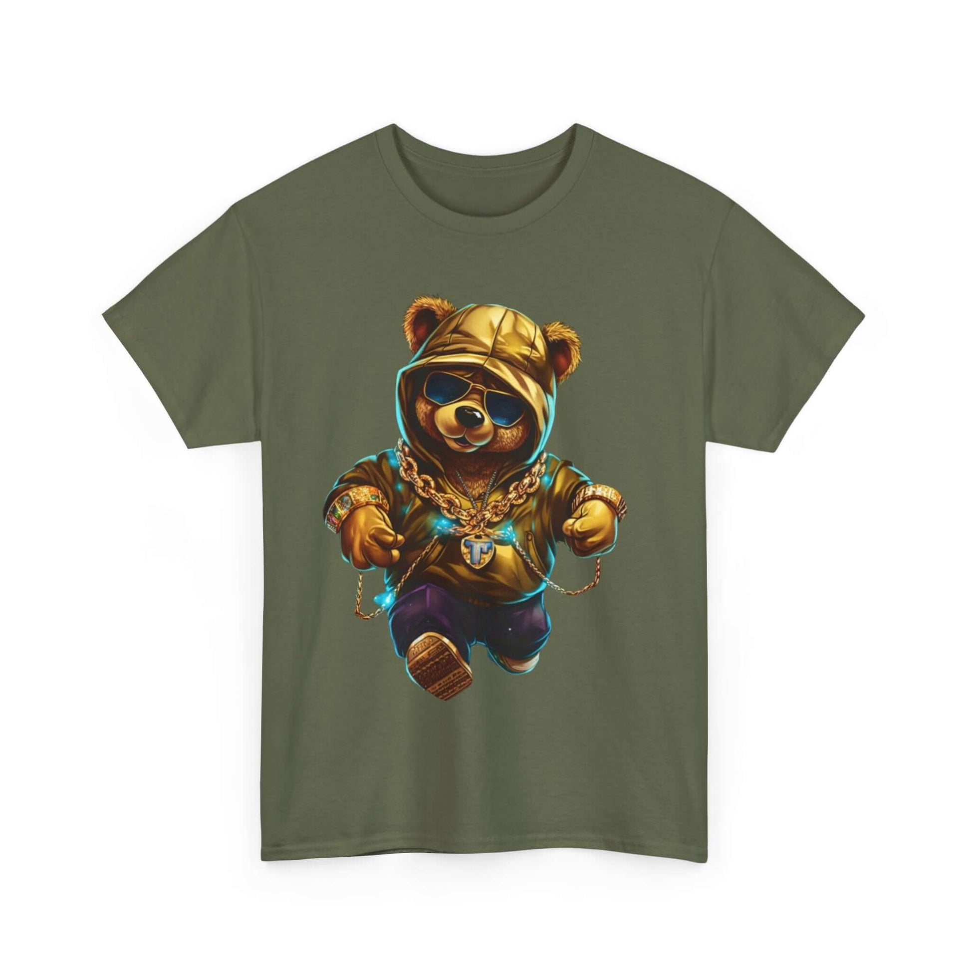 Cute bear in a hoodie and sunglasses on a Bling Hip Bear tee, perfect for casual wear and quirky style lovers.