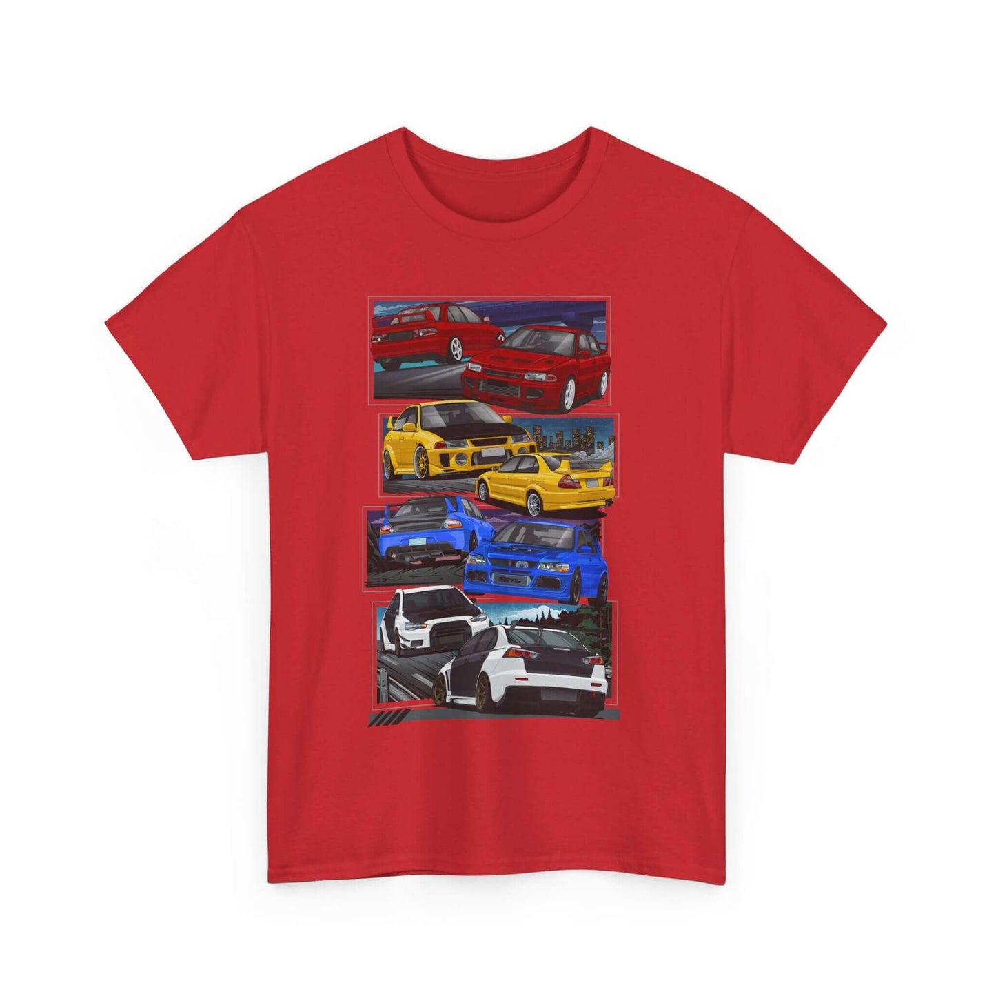 JDM-Inspired Evolution Car Tee, Red Yellow Blue White Enthusiast Shirt