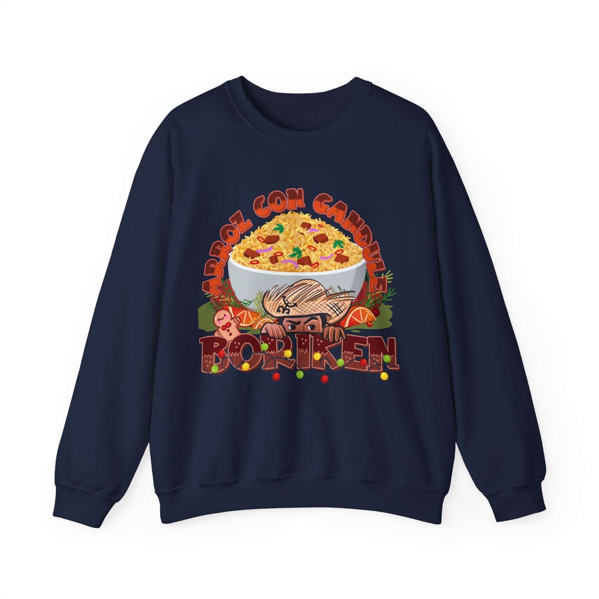 Festive Arroz Con Gandules Christmas Sweater with vibrant holiday design and Borikén text.