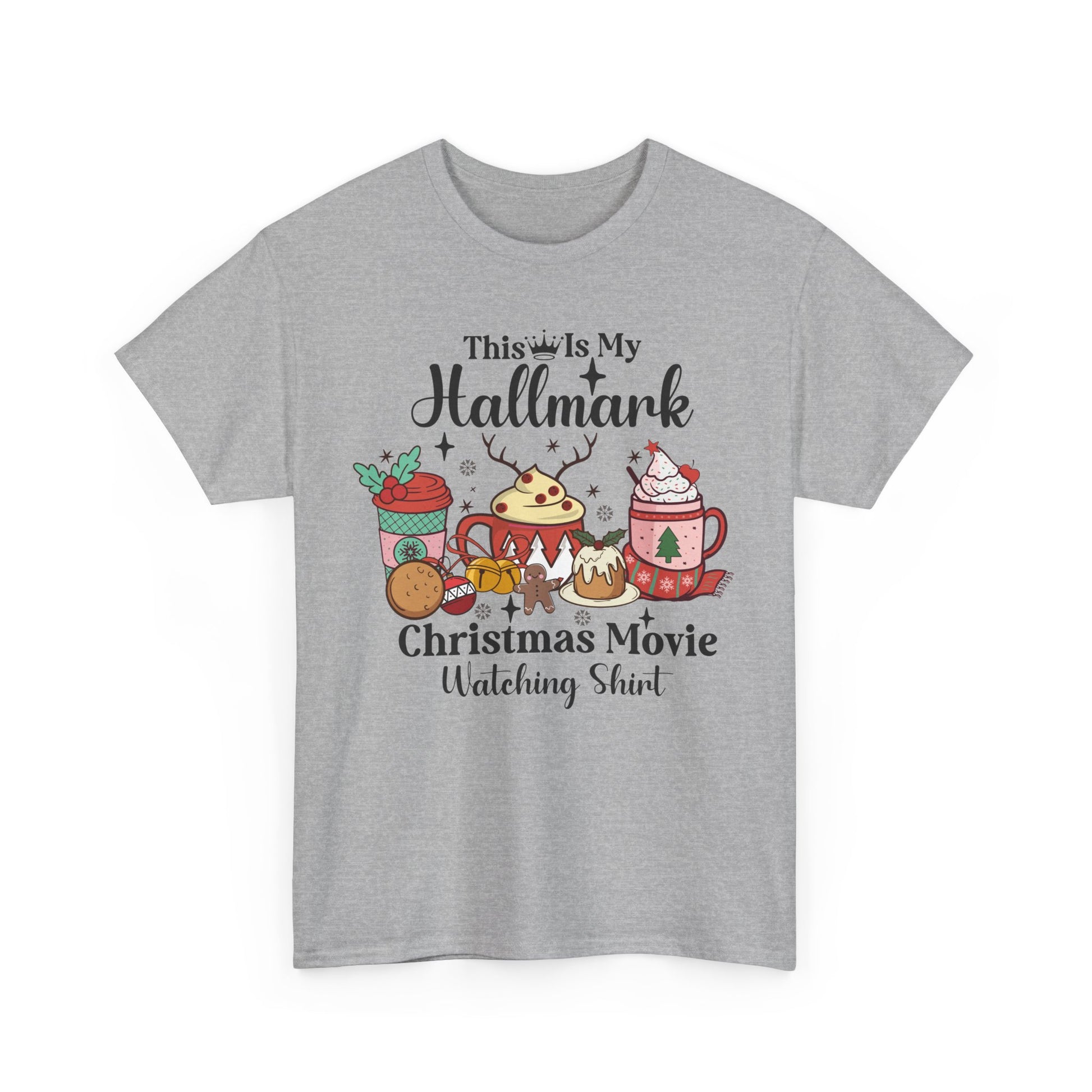 Cozy gray Christmas movie t-shirt featuring festive mugs and treats for holiday spirit and comfort. Perfect for casual wear.