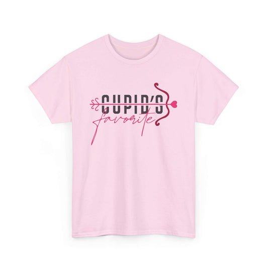 Cupid's Favorite T-Shirt in pink, perfect for a romantic Valentine's Day outfit, featuring playful lettering and a love-themed design.