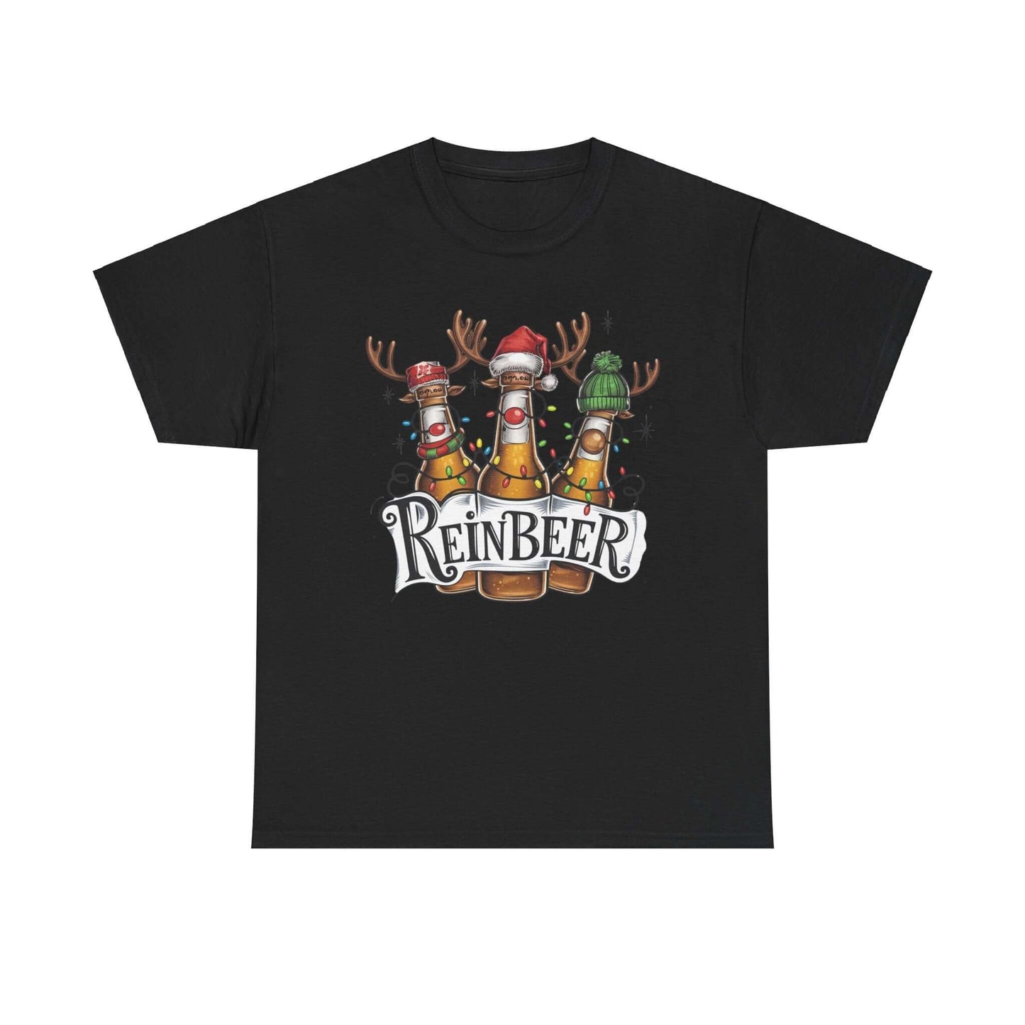 Festive 'Reinbeer' t-shirt featuring reindeer beer bottles, perfect for Christmas celebrations and holiday parties.