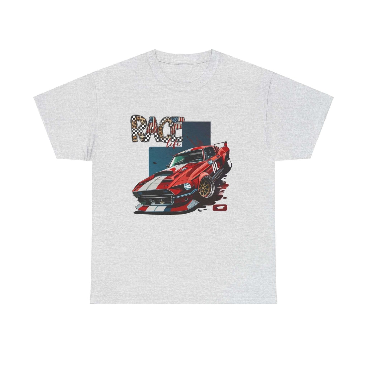 Racing Life Muscle Car T-Shirt with iconic Mustang design and 'RACE life' emblem in red and white.