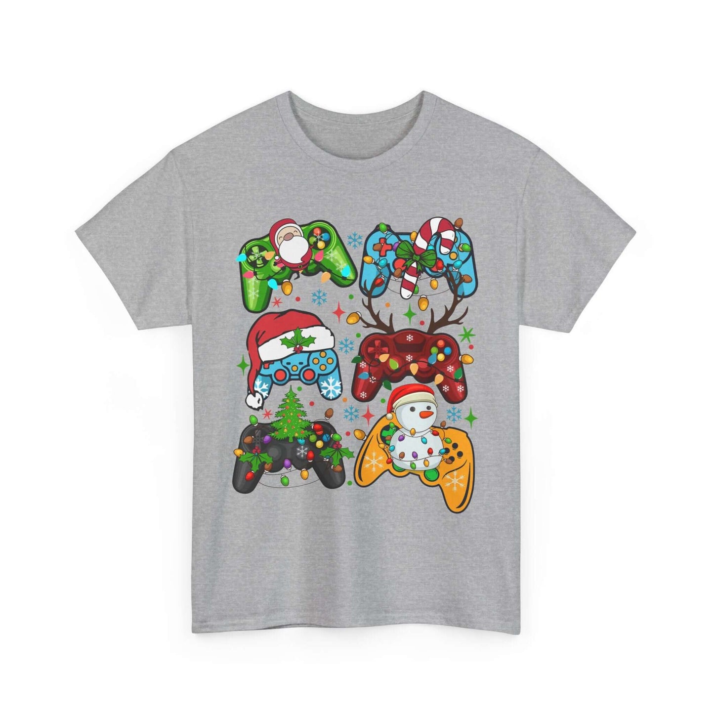 Christmas Gaming Controller Tee featuring holiday-themed controllers with Santa, snowmen, and Christmas trees on a gray shirt.