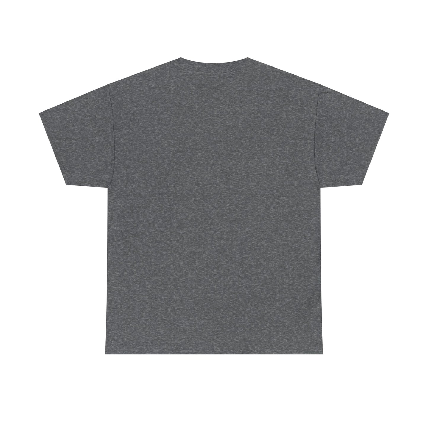 Back view of a unisex heavy t-shirt in dark gray, perfect for casual holiday wear or comfy everyday style.