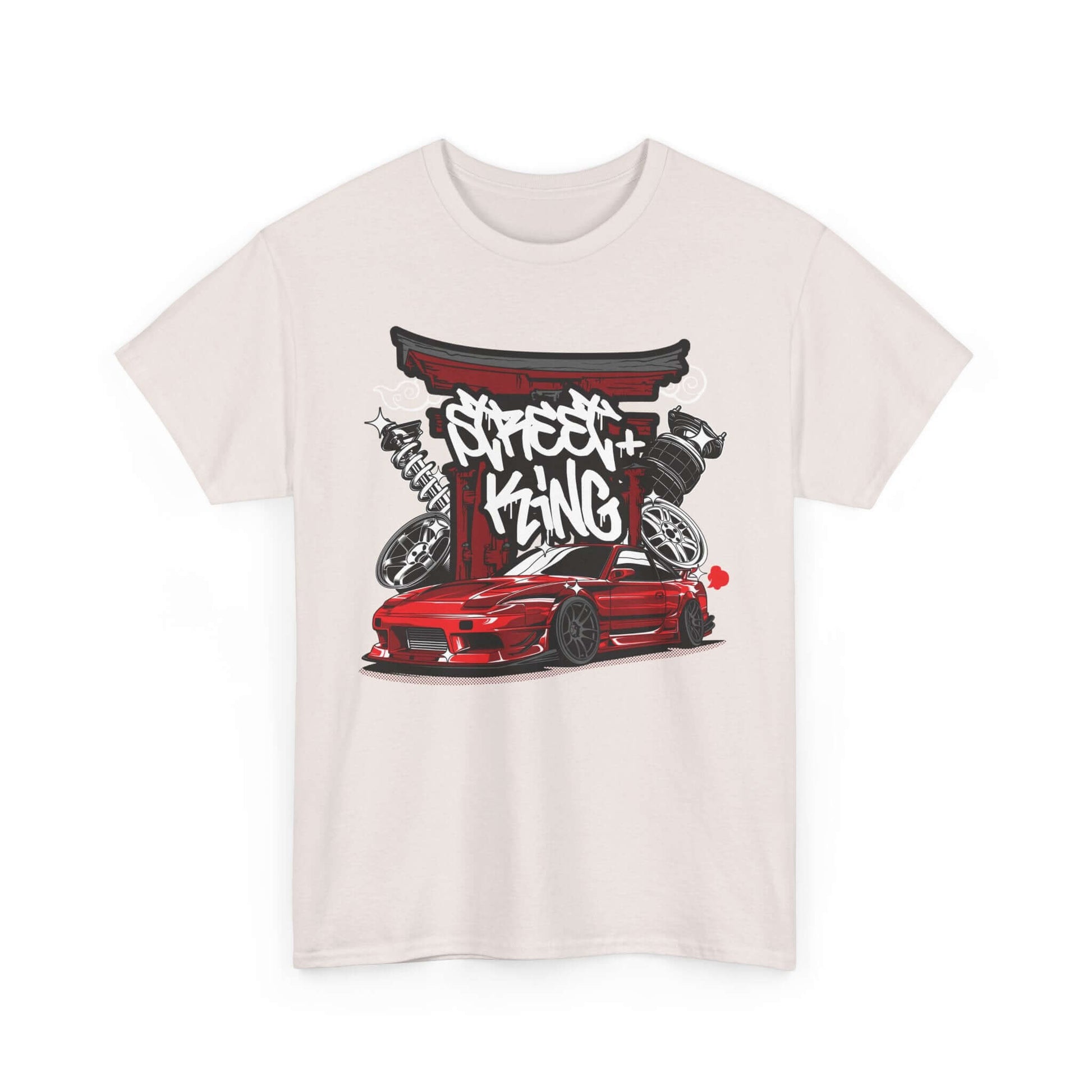 Urban Racing Art T-Shirt featuring a stylized red sports car at a Japanese Torii gate with graffiti, perfect for car enthusiasts.