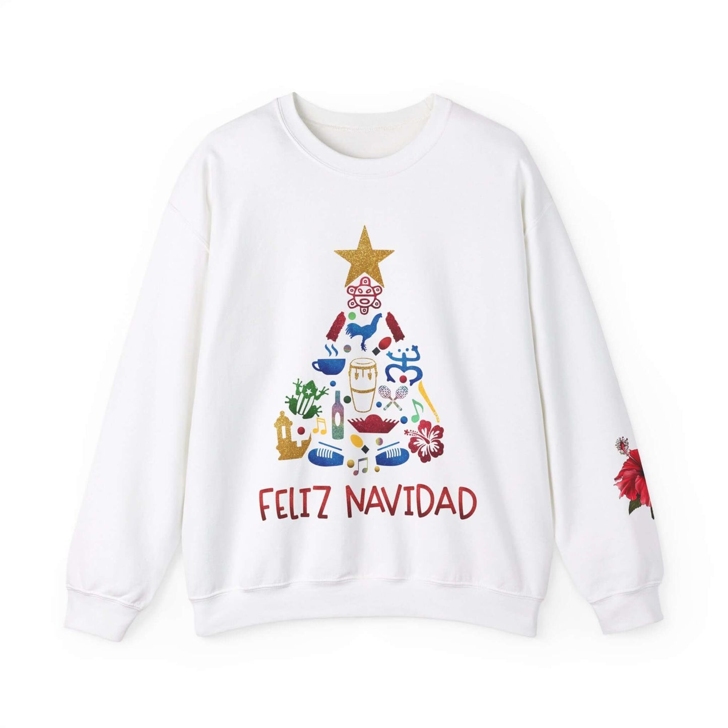 Feliz Navidad Puerto Rico Festive Print on left Long Sleeve Christmas T-Shirt with Unique Colorful Tree Design