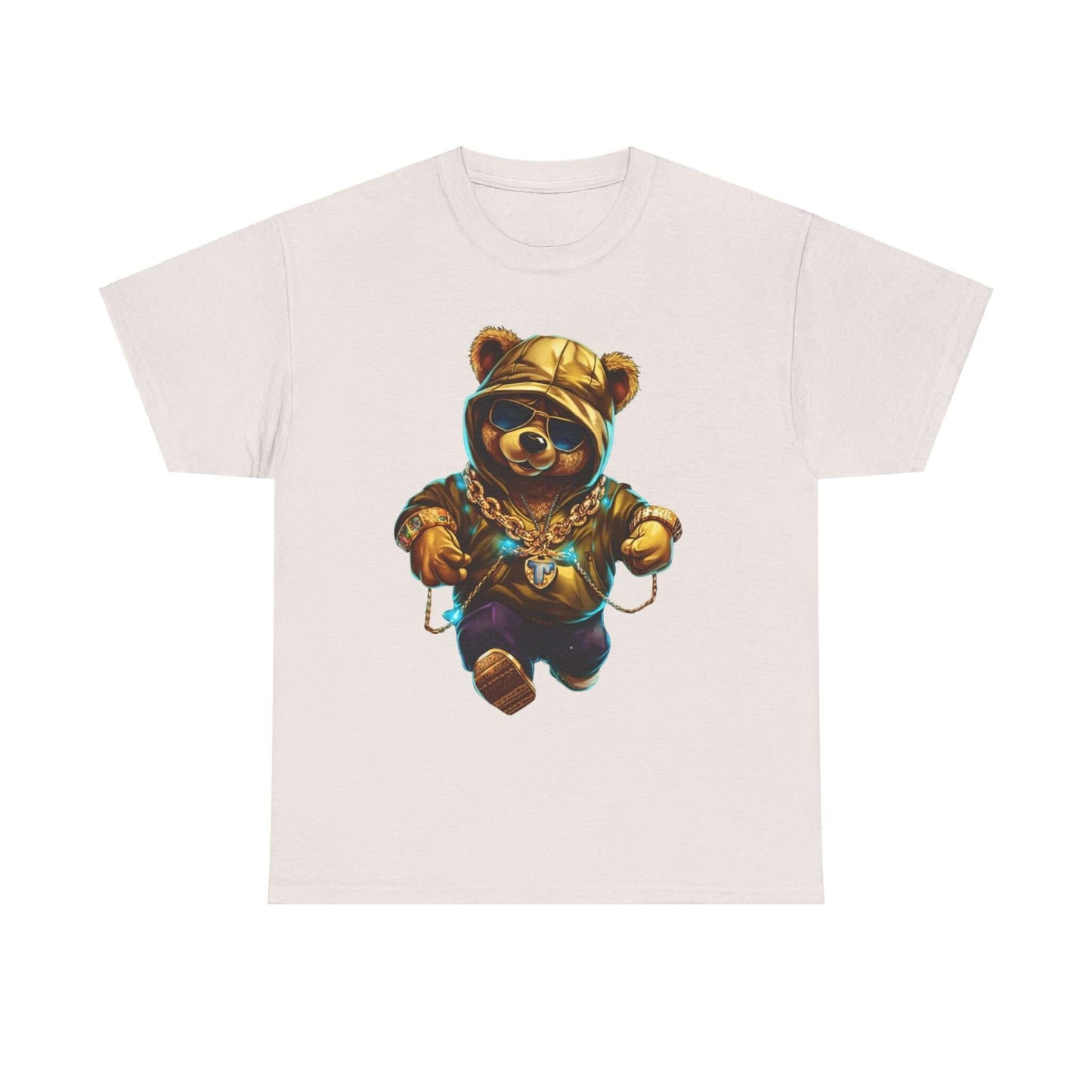 Fun Bling Hip Bear Tee featuring a cute bear in a hoodie and gold chains, perfect for casual wear and quirky style.