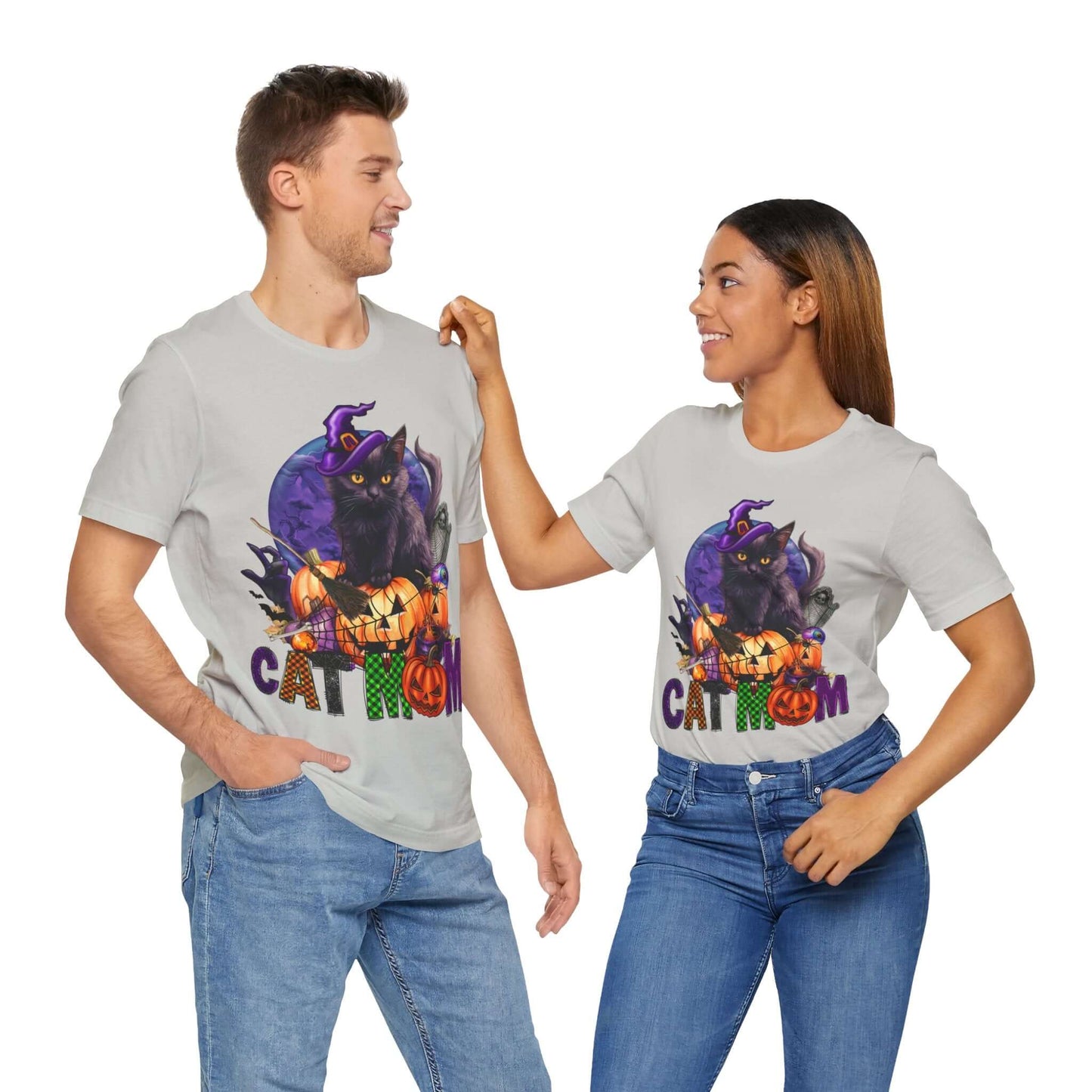 Cat Mom Women's T-shirt - Adorable Baby Black Cat, Pumpkins and Purple Moon, - Unique Halloween Outfits, Festive Parties, and Feline Fun.