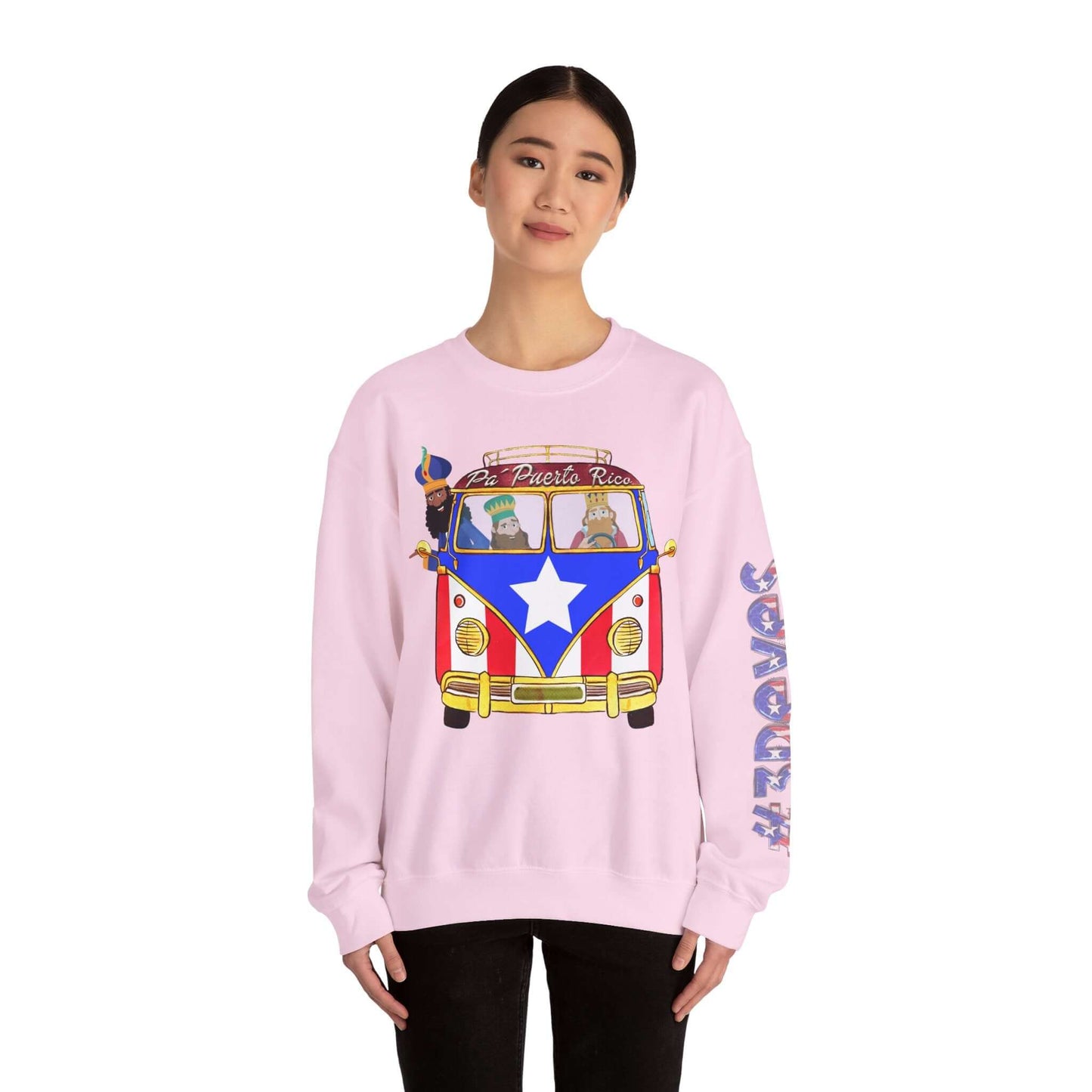 Woman wearing pink Christmas sweater with festive VW bus design and Puerto Rico flag, featuring "Pa Puerto Rico" text and print on left sleeve.