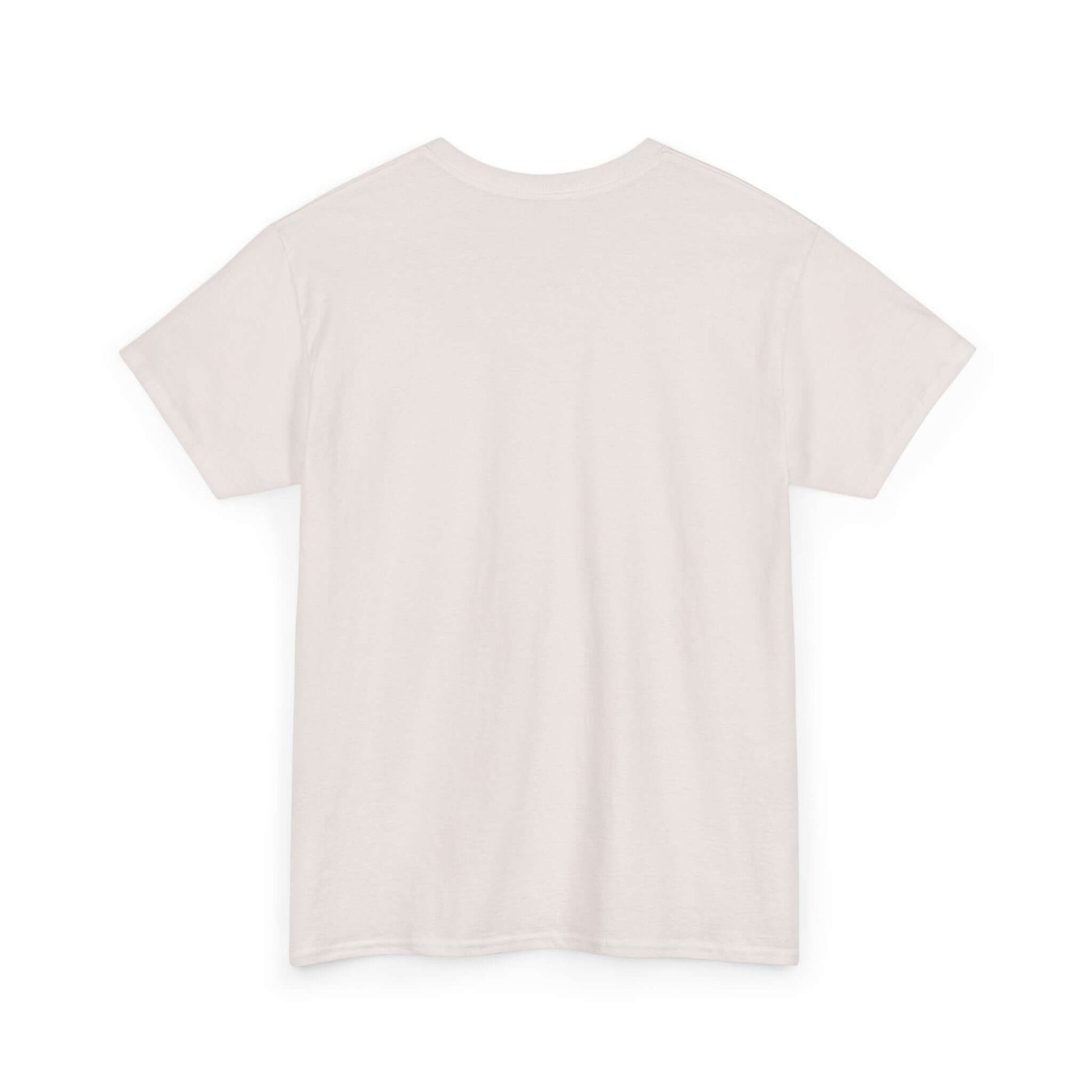 Back view of a plain cream-colored T-shirt, showcasing its simple and classic design.